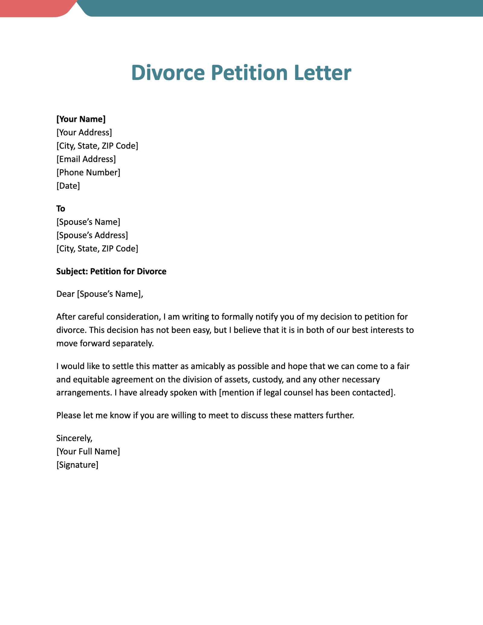 Divorce Petition Letter
