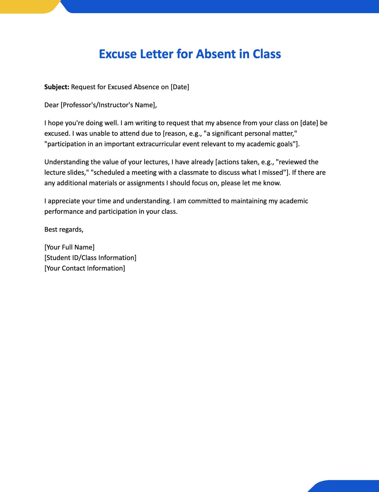 Excuse Letter for Absent in Class Excuse Letter for Absent in Class