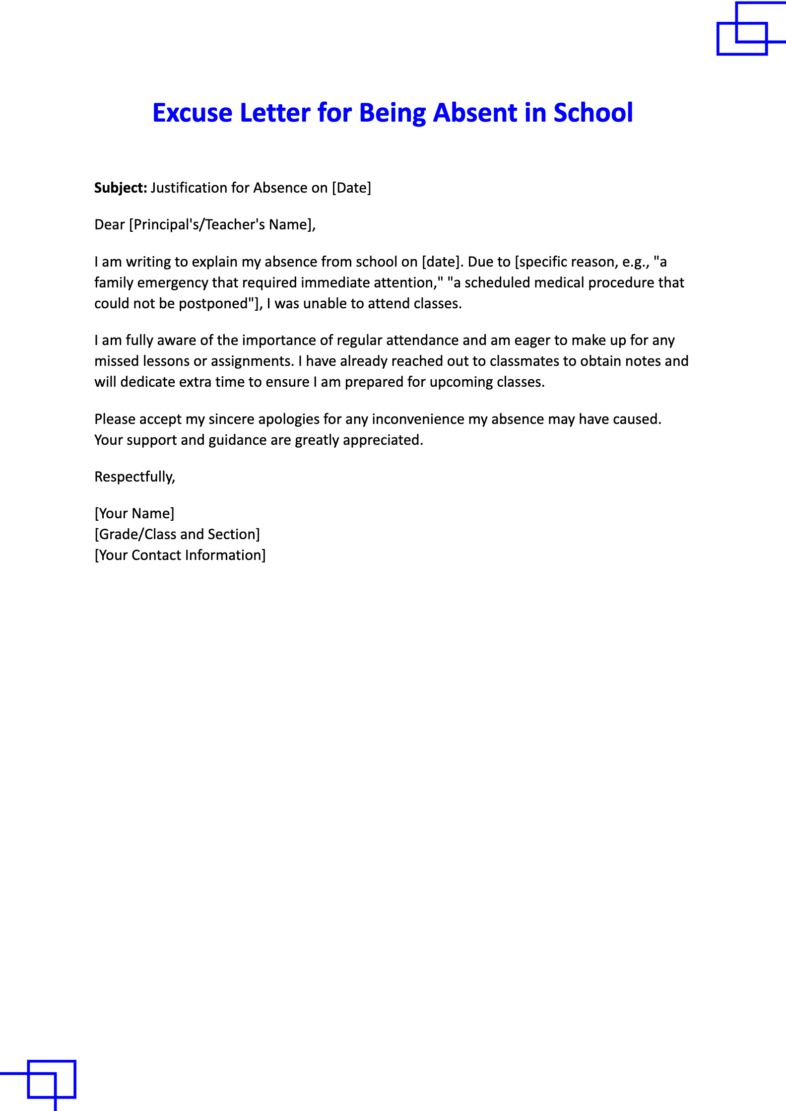 Excuse Letter for Being Absent in School Excuse Letter for Being Absent in School