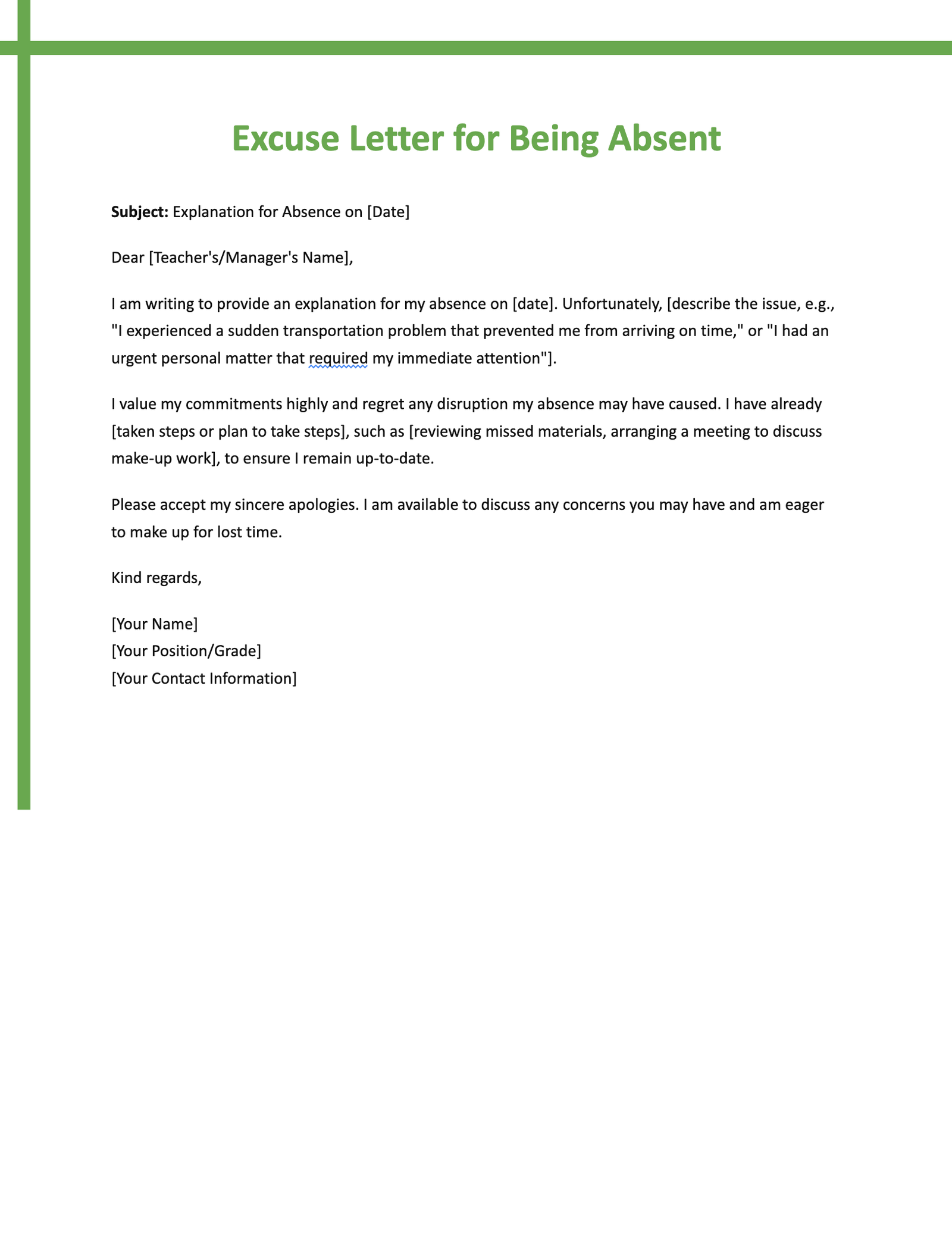 Excuse Letter for Being Absent Excuse Letter for Being Absent