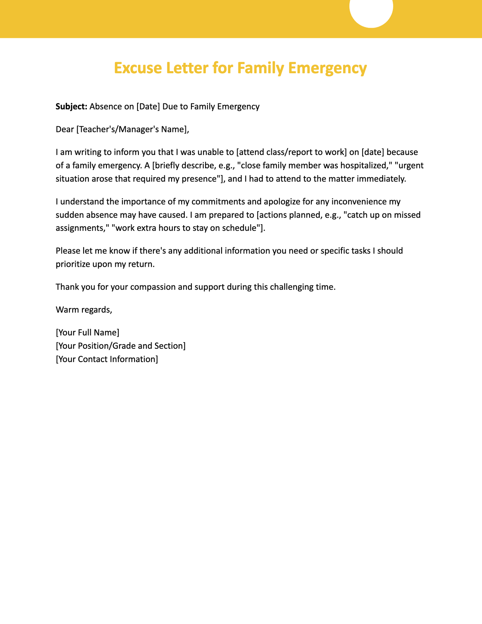 Excuse Letter for Family Emergency Excuse Letter for Family Emergency