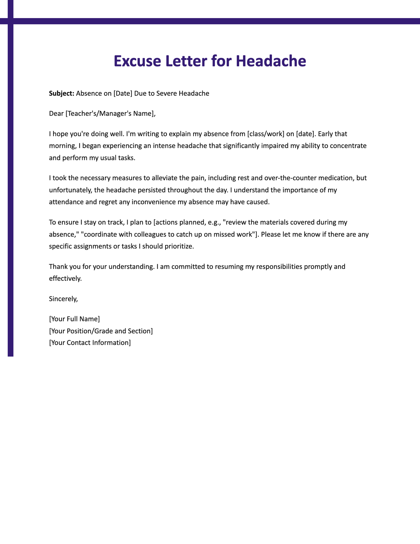 Excuse Letter for Headache Excuse Letter for Headache