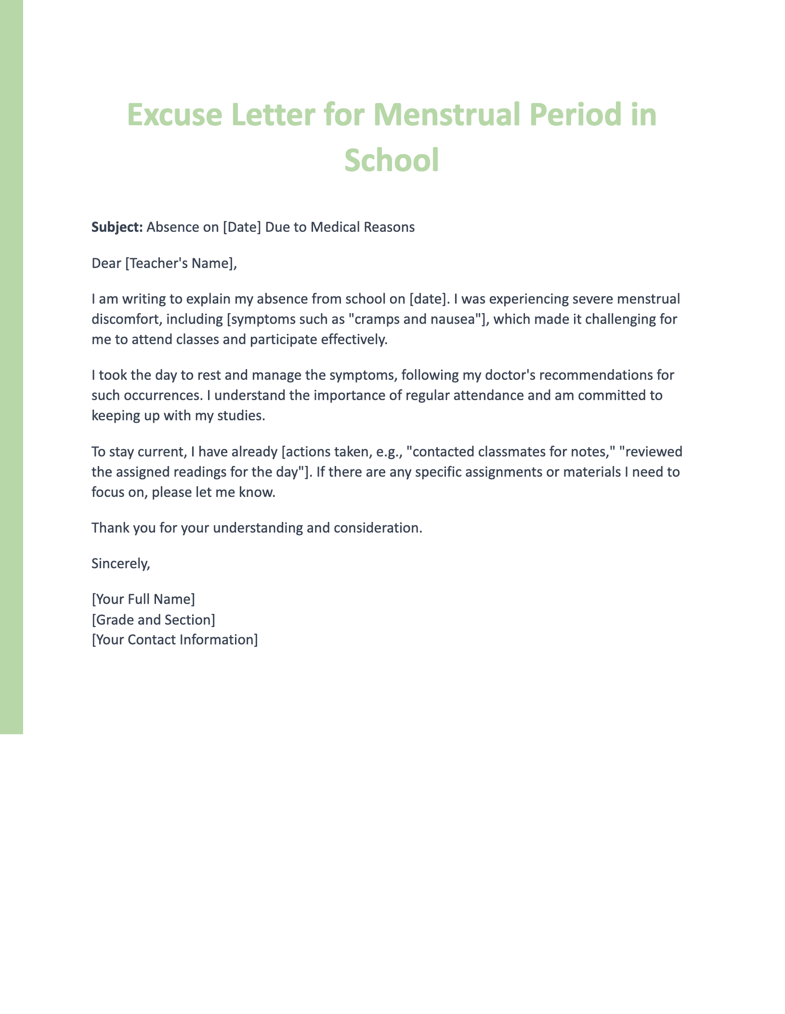 Excuse Letter for Menstrual Period in School Excuse Letter for Menstrual Period in School