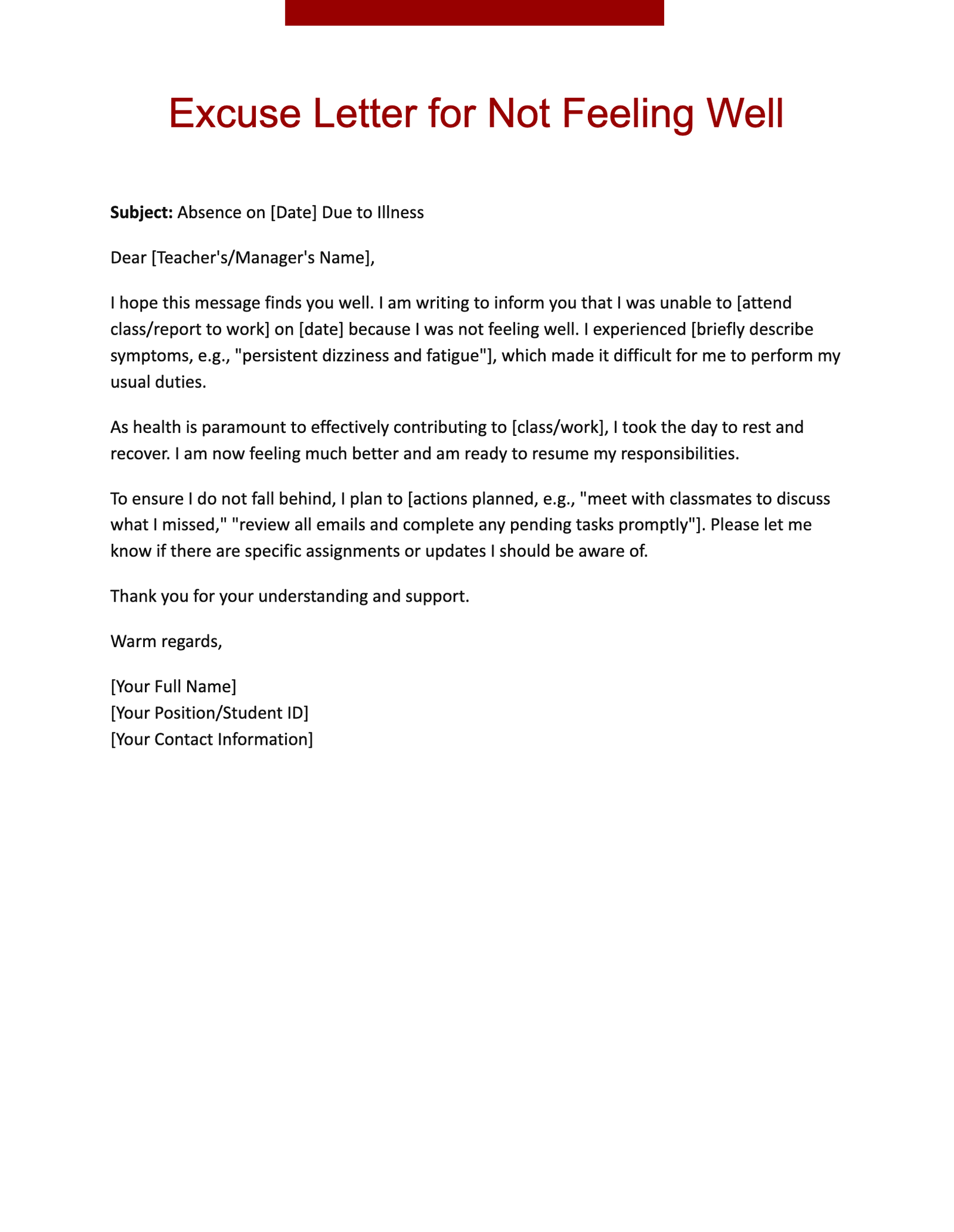 Excuse Letter for Not Feeling Well Excuse Letter for Not Feeling Well