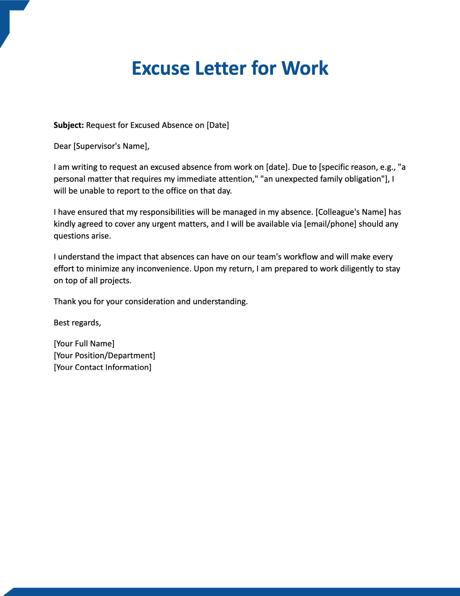 Excuse Letter for Work Excuse Letter for Work