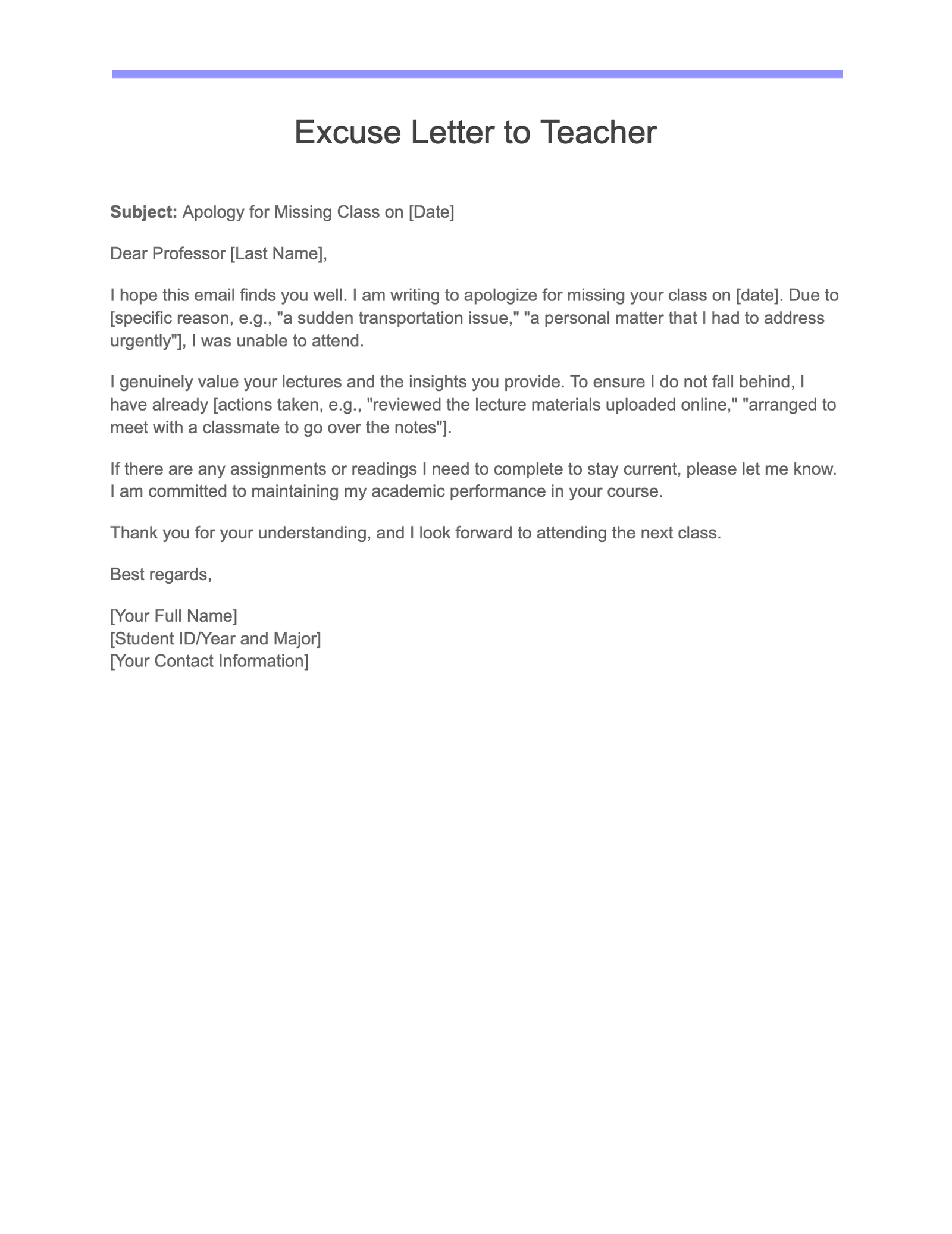 Excuse Letter to Teacher Excuse Letter to Teacher