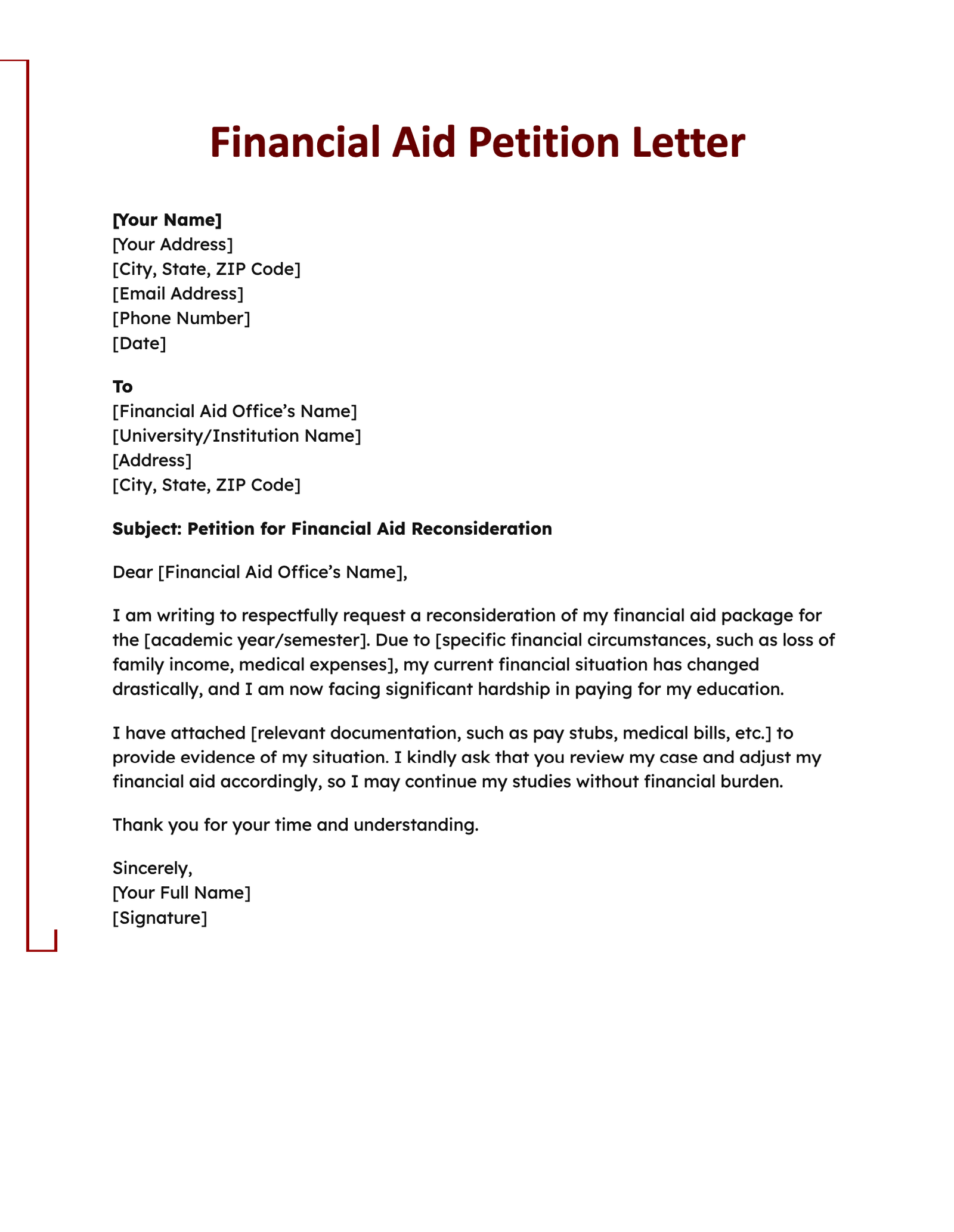 Financial Aid Petition Letter