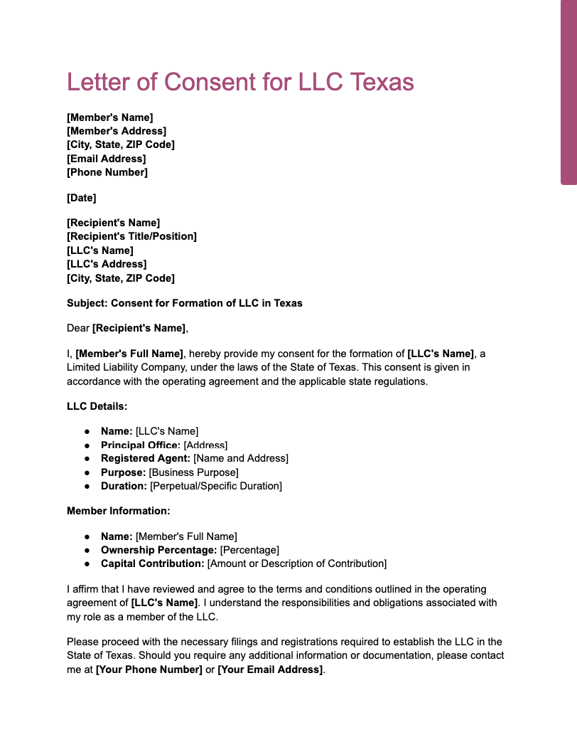 Letter of Consent for LLC Texas