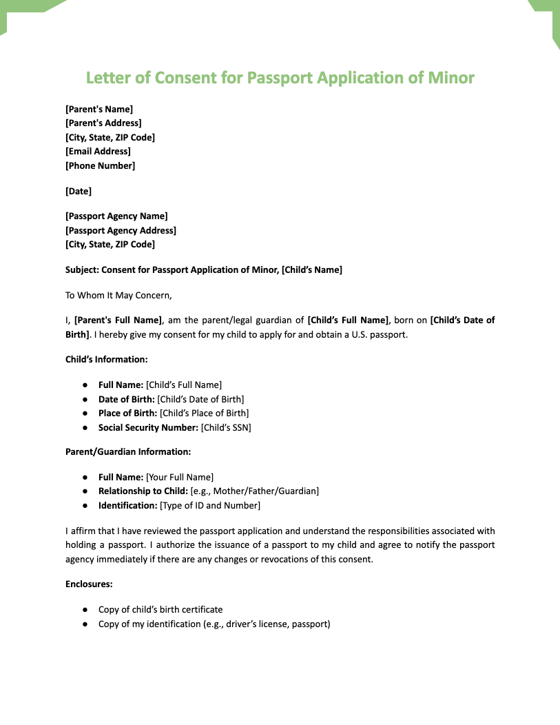 Letter of Consent for Passport Application of Minor