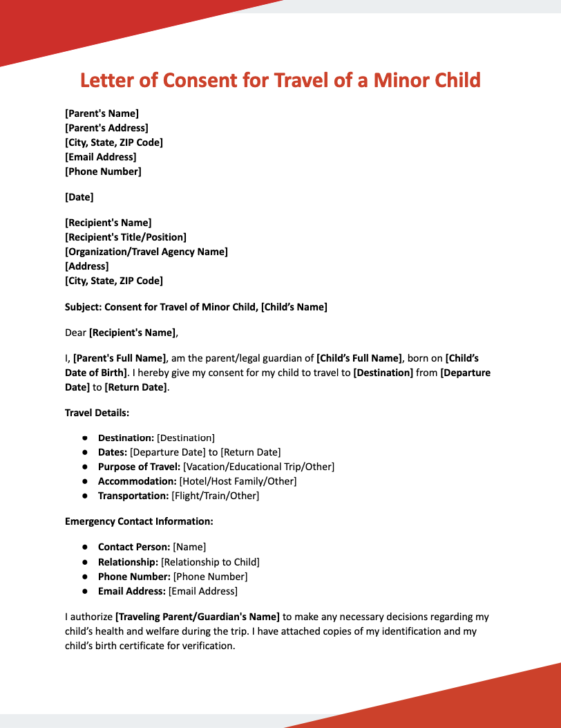 Letter of Consent for Travel of a Minor Child