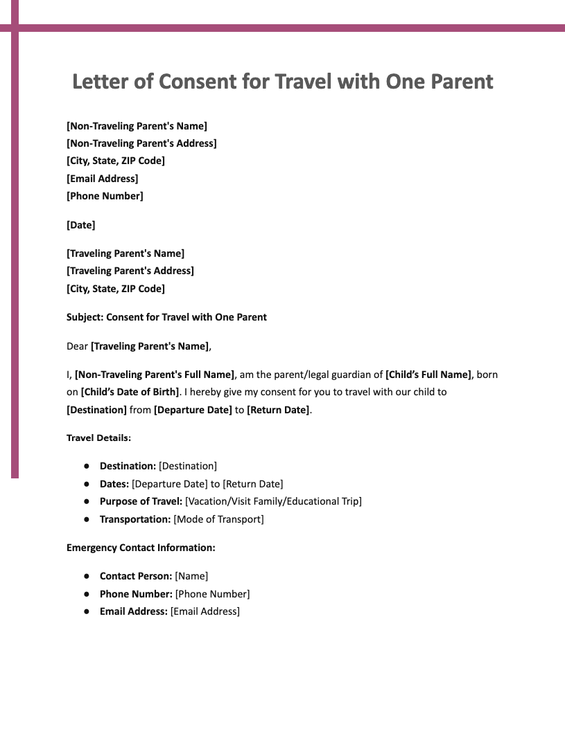 Letter of Consent for Travel with One Parent