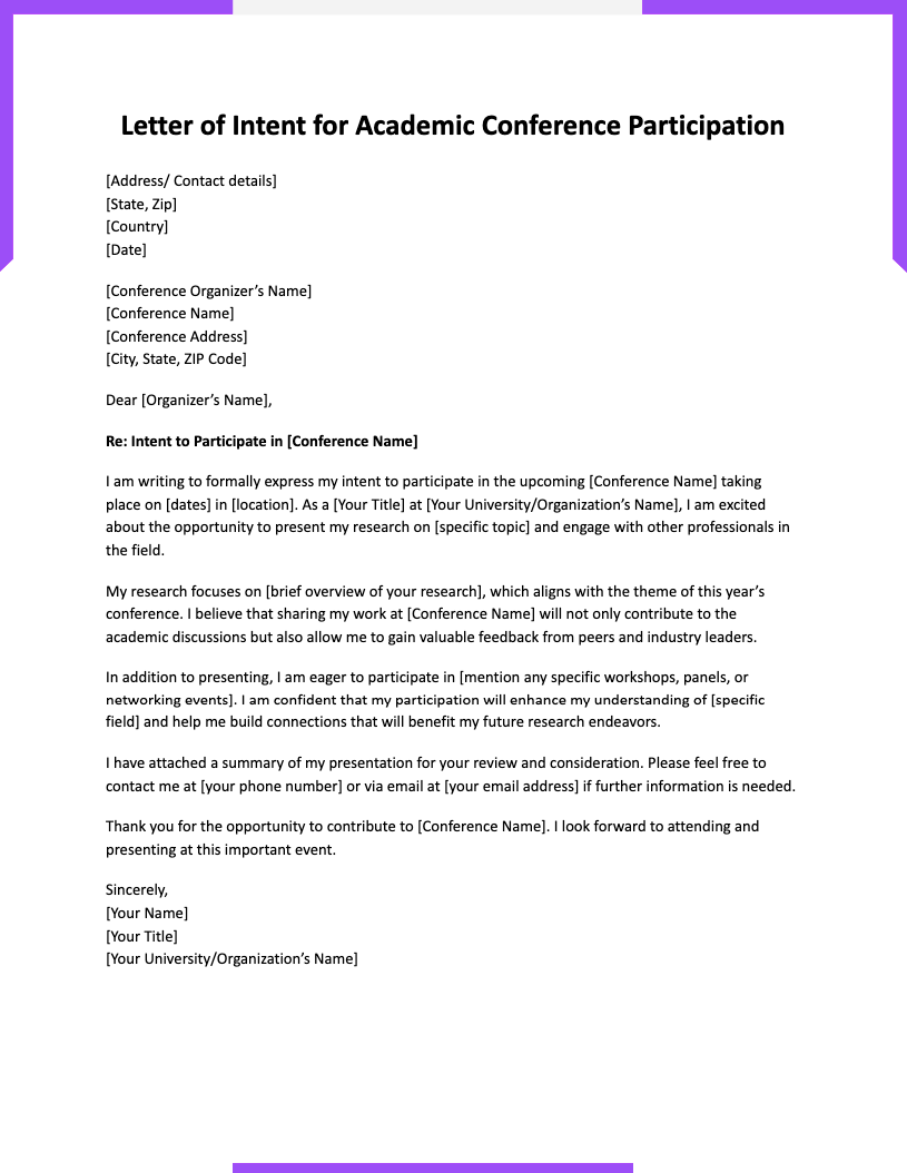 Academic Conference Participation Letter of Intent for Academic Conference Participation