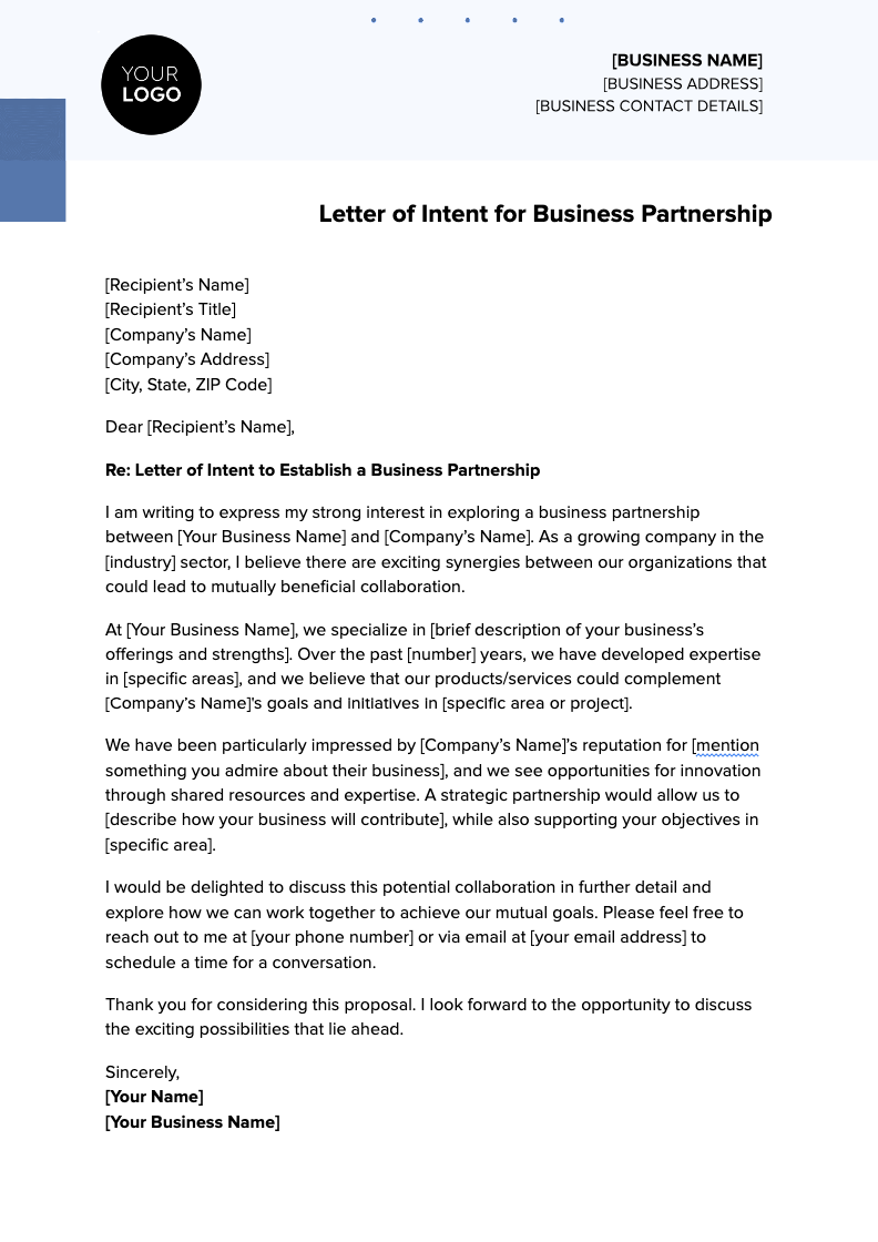 Letter of Intent for Business Partnership Letter of Intent for Business Partnership