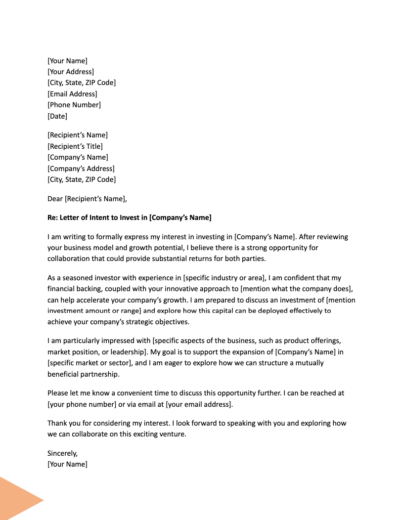 Letter of Intent for a Investment Letter of Intent for a Investment