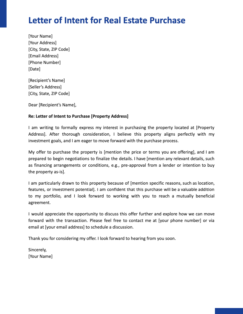Letter of Intent for Real Estate Purchase Letter of Intent for Real Estate Purchase