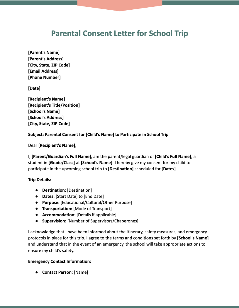Parental Consent Letter for School Trip