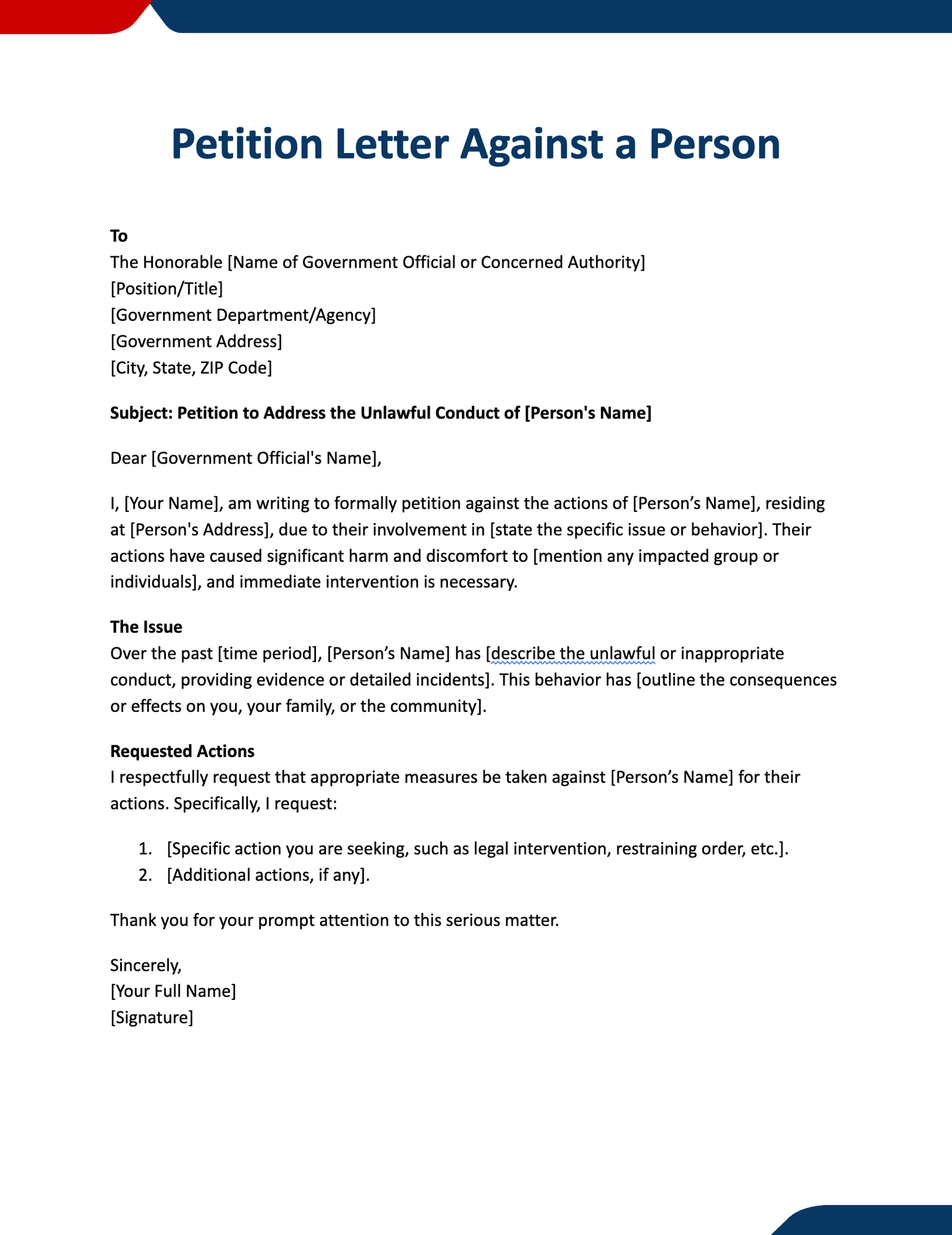 Petition Letter Against a Person