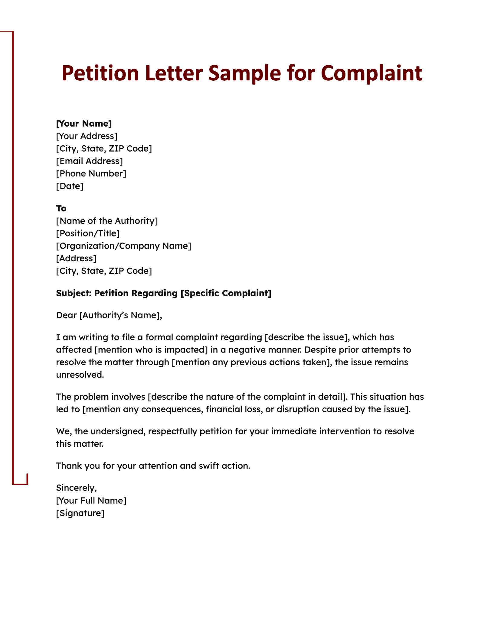 Petition Letter Sample for Complaint
