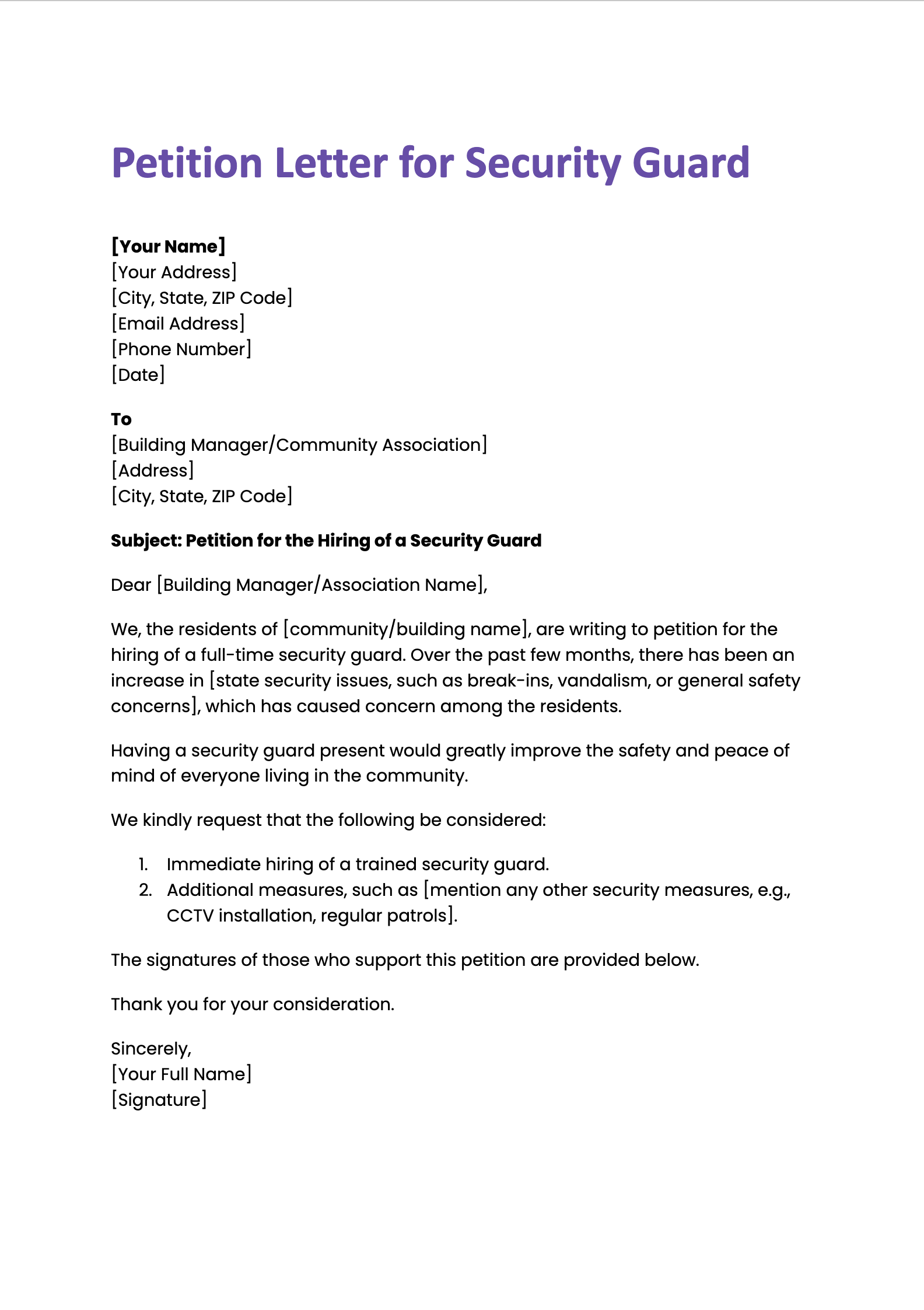 Petition Letter for Security Guard