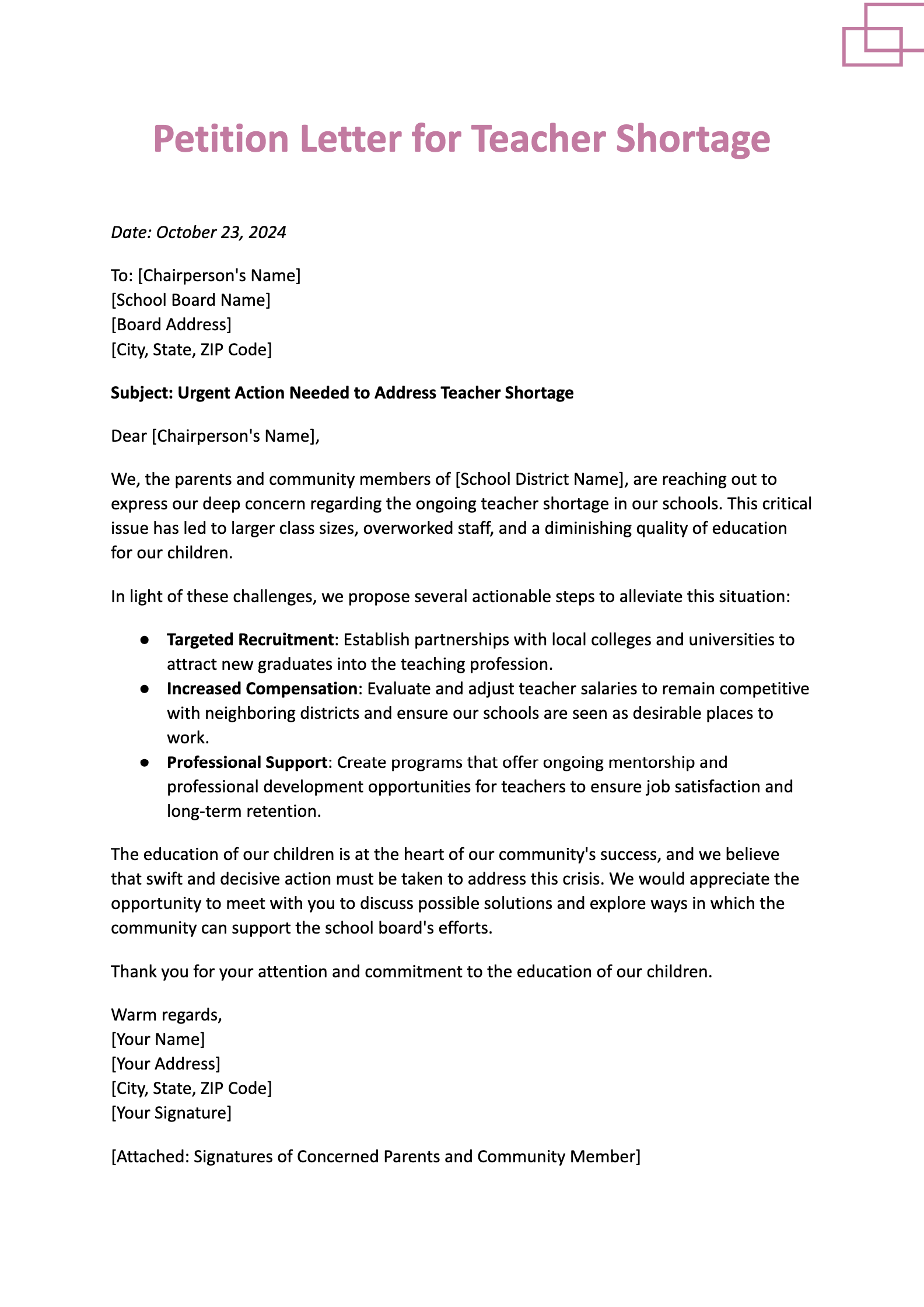 Petition Letter for Teacher Shortage