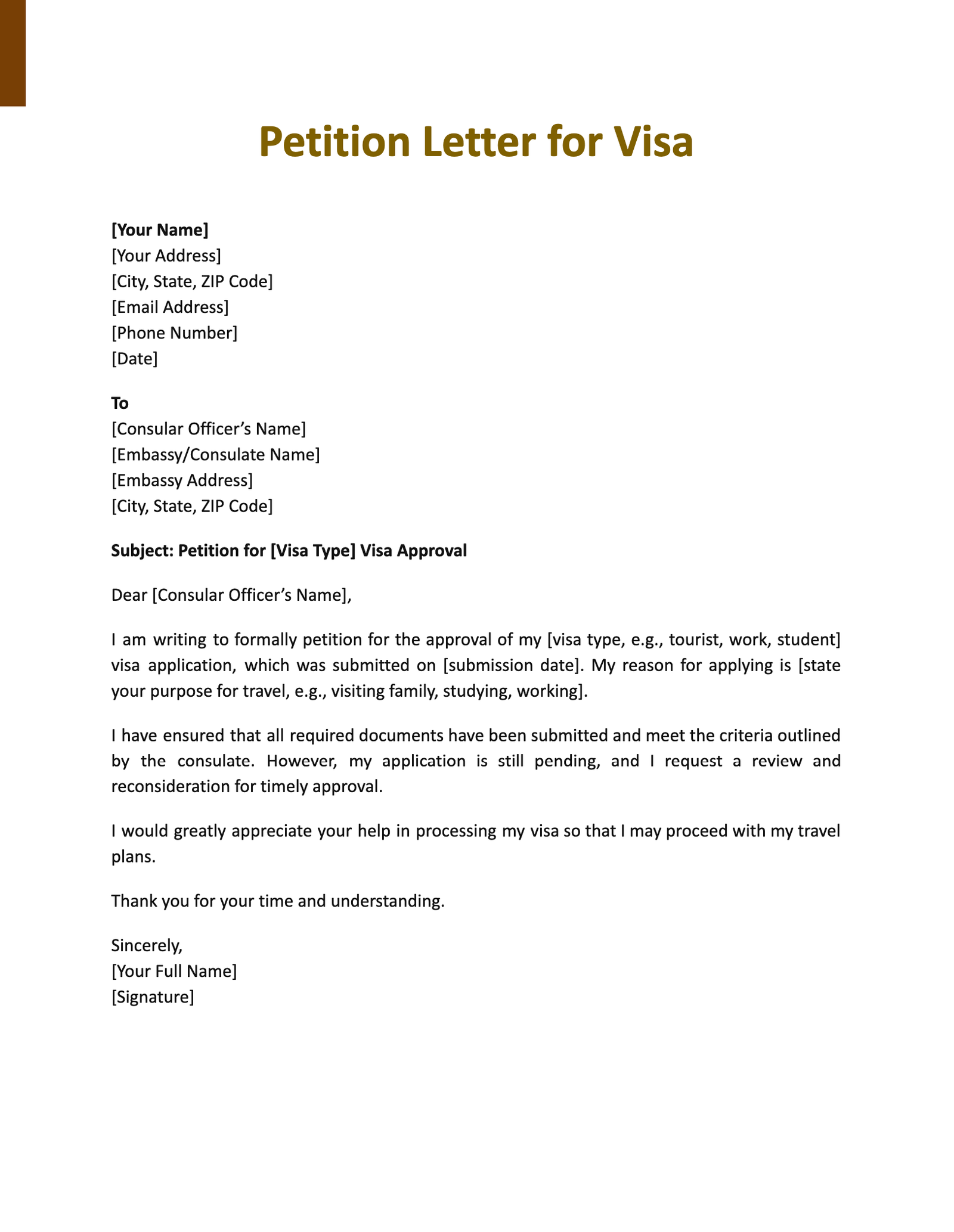 Petition Letter for Visa
