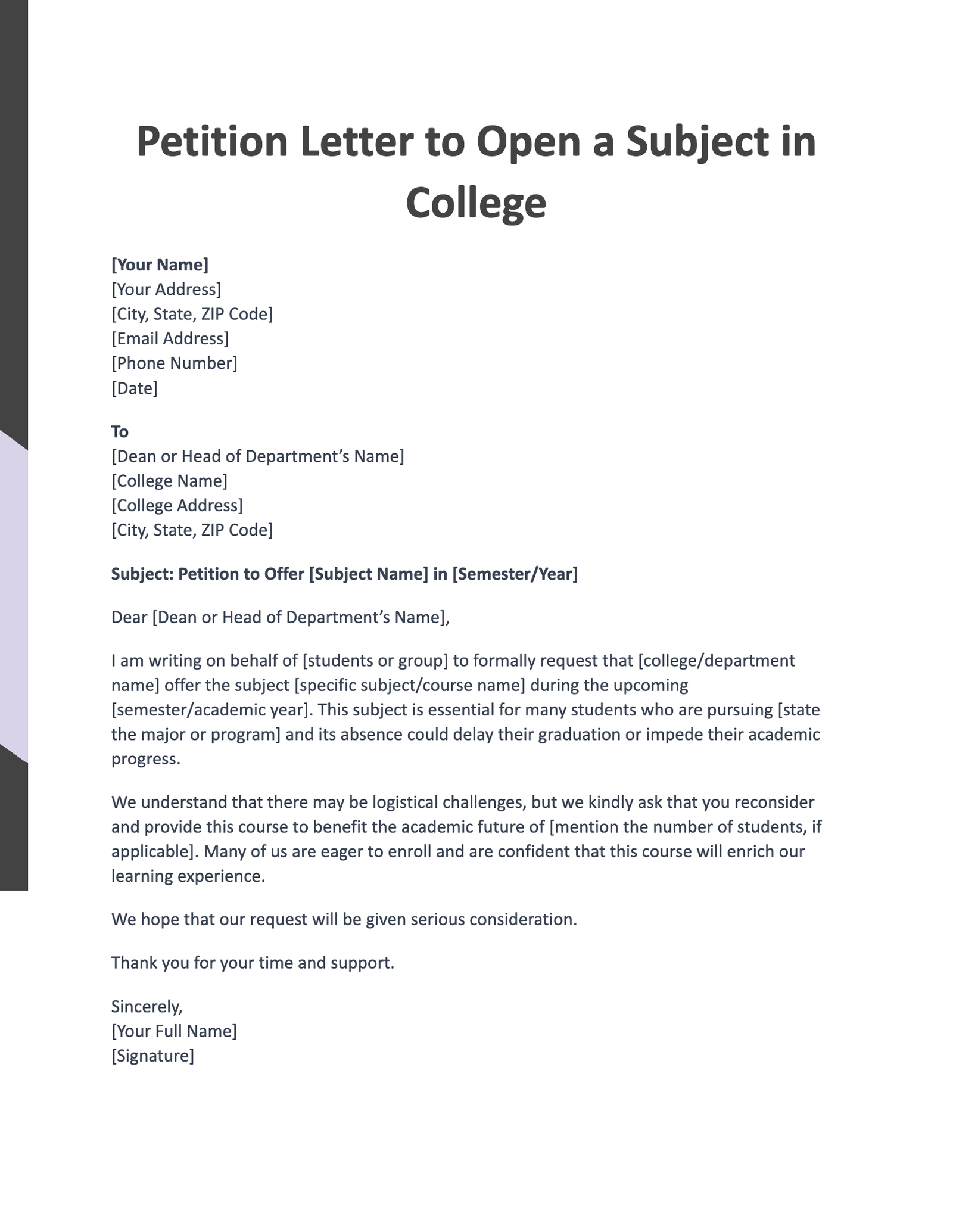 Petition Letter to Open a Subject in College