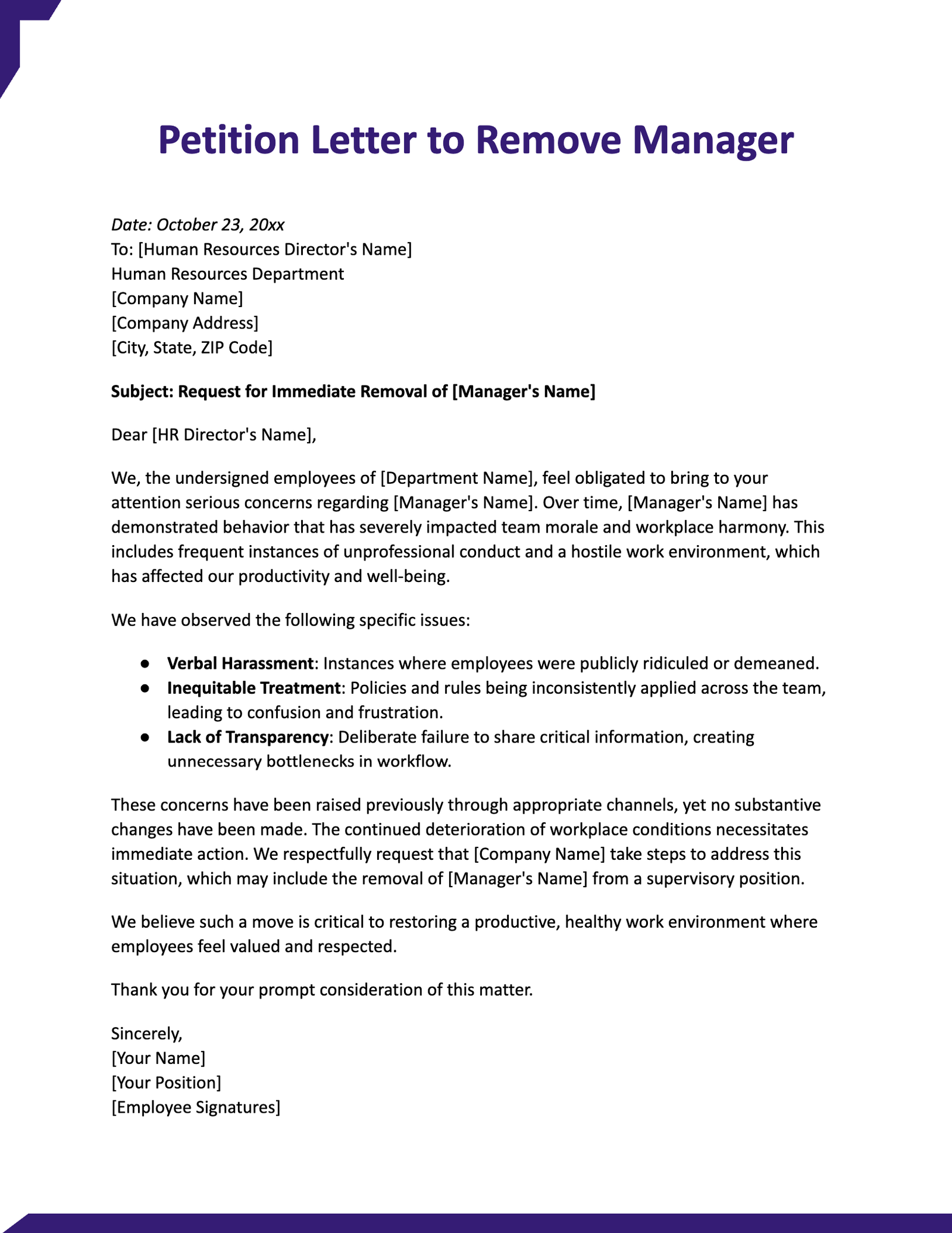 Petition Letter to Remove Manager