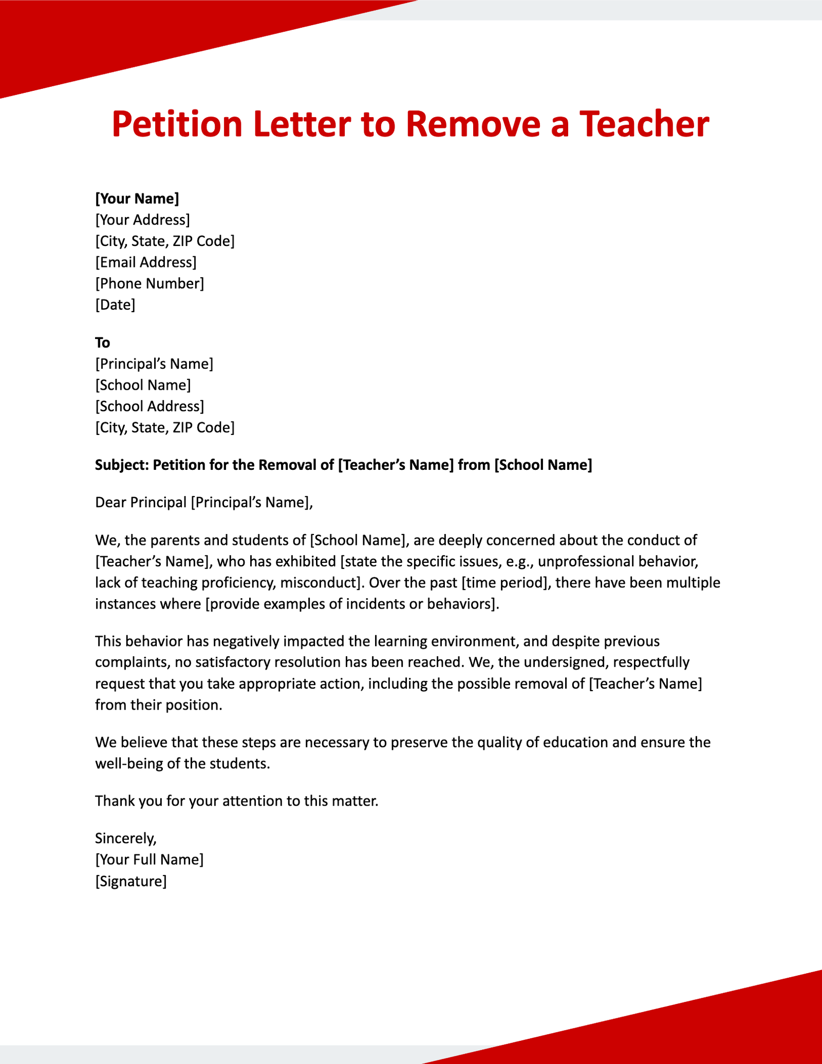 Petition Letter to Remove a Teacher