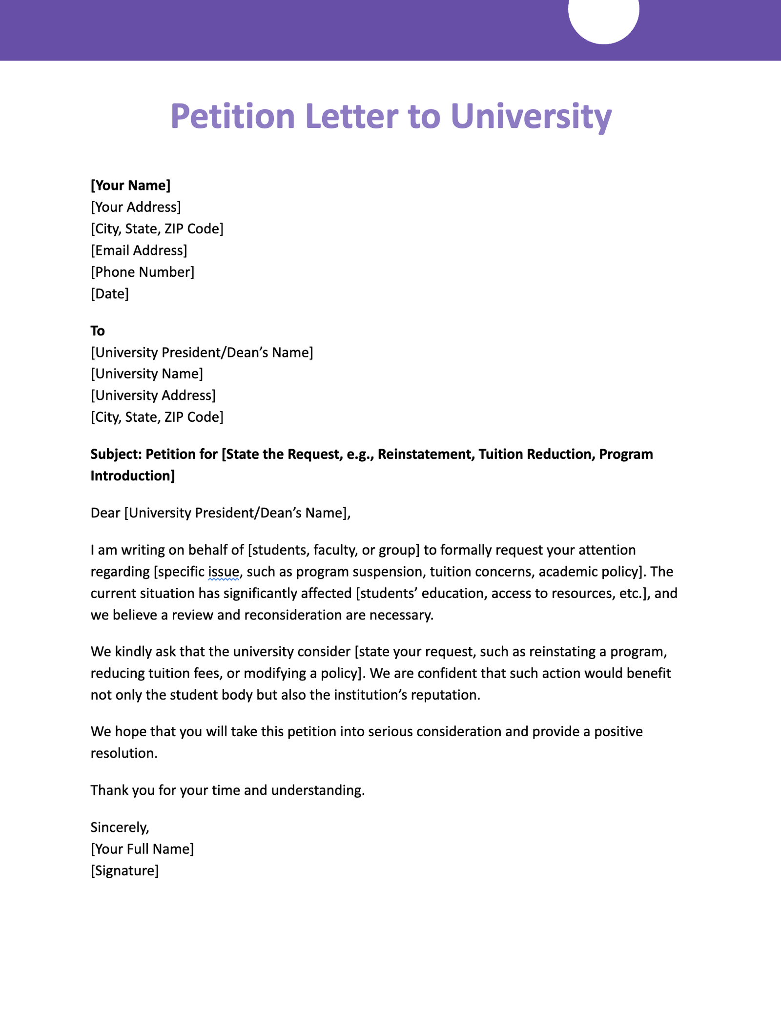 Petition Letter to University