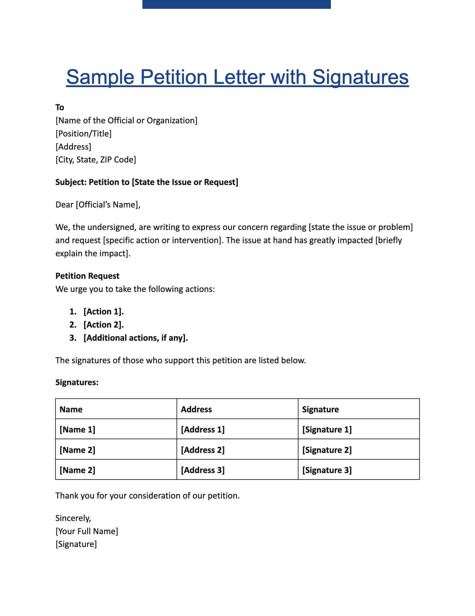 Sample Petition Letter with Signatures