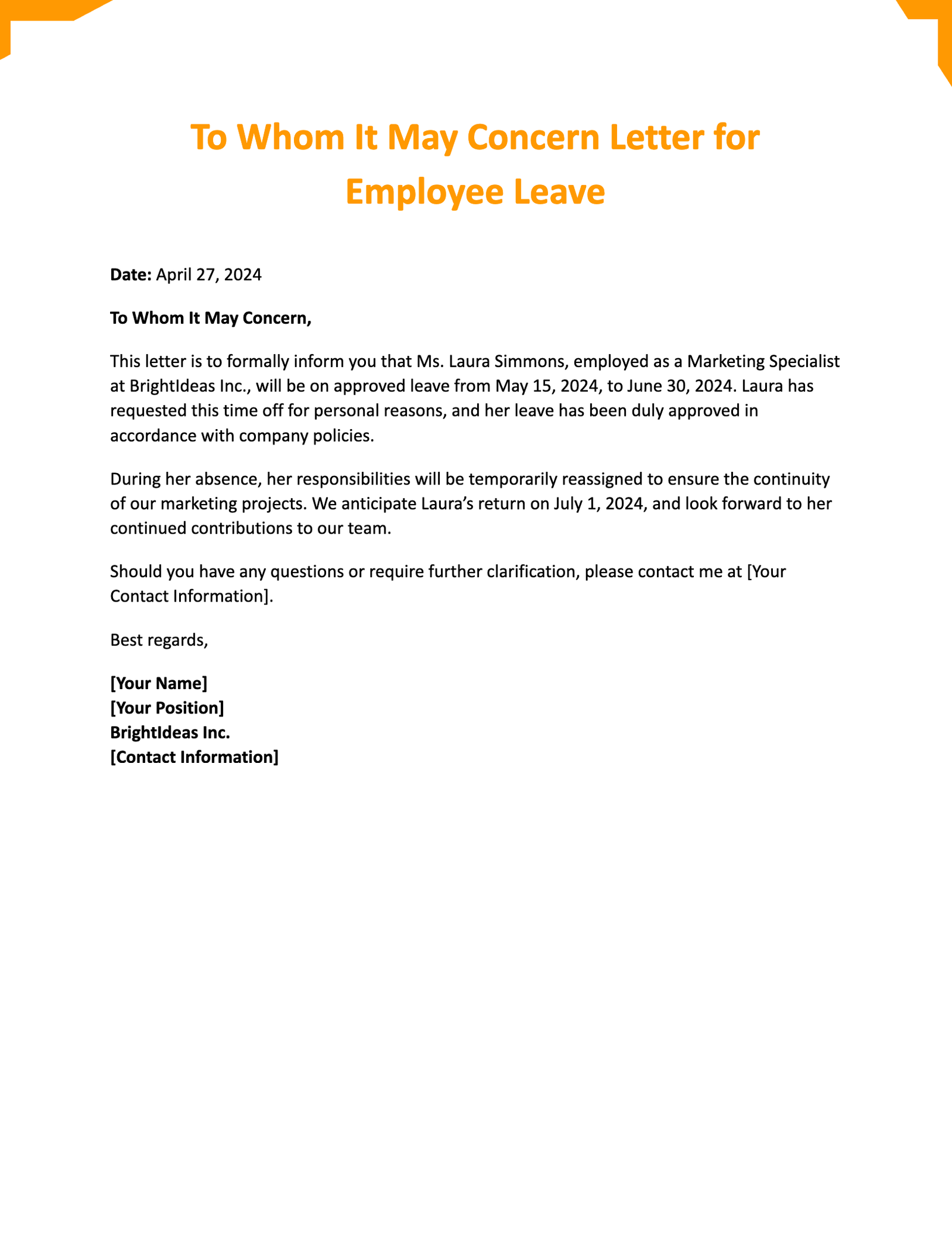 To Whom It May Concern Letter for Employee Leave To Whom It May Concern Letter for Employee Leave