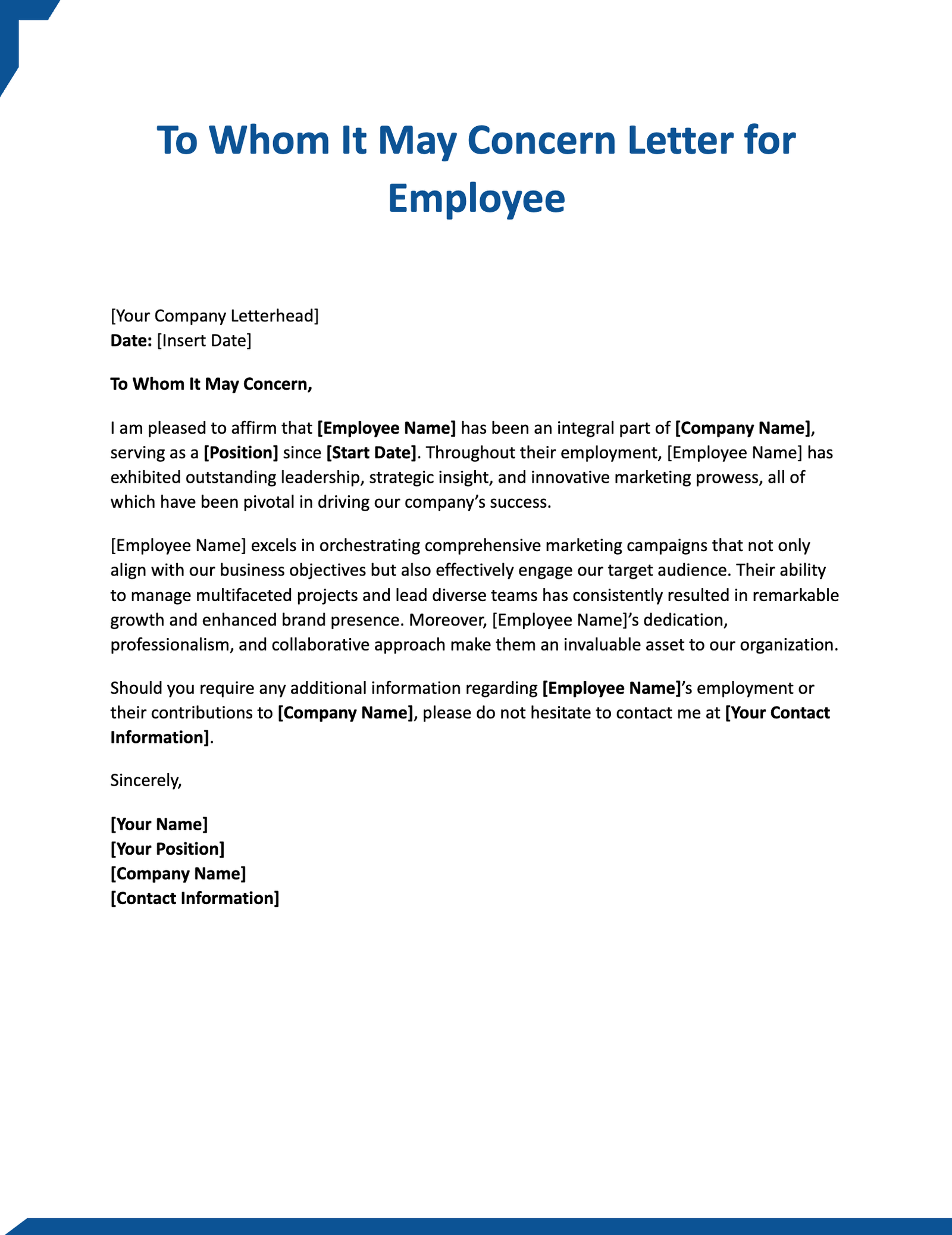 To Whom It May Concern Letter for Employee To Whom It May Concern Letter for Employee