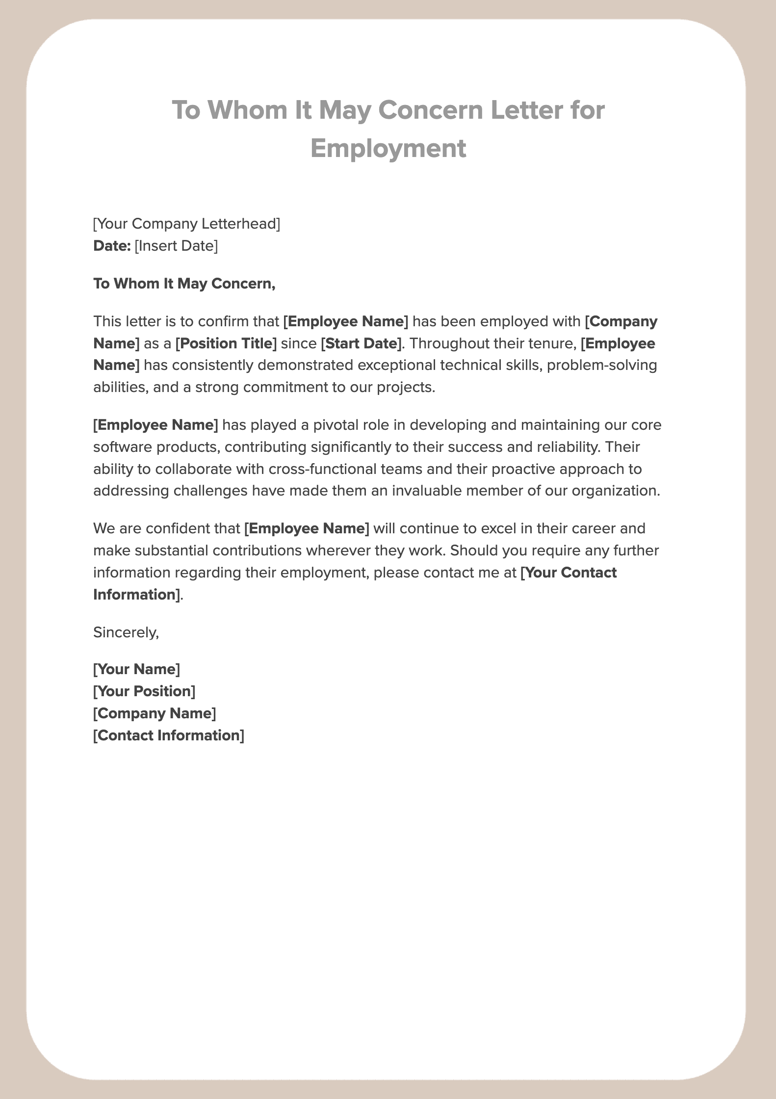 To Whom It May Concern Letter for Employment To Whom It May Concern Letter for Employment