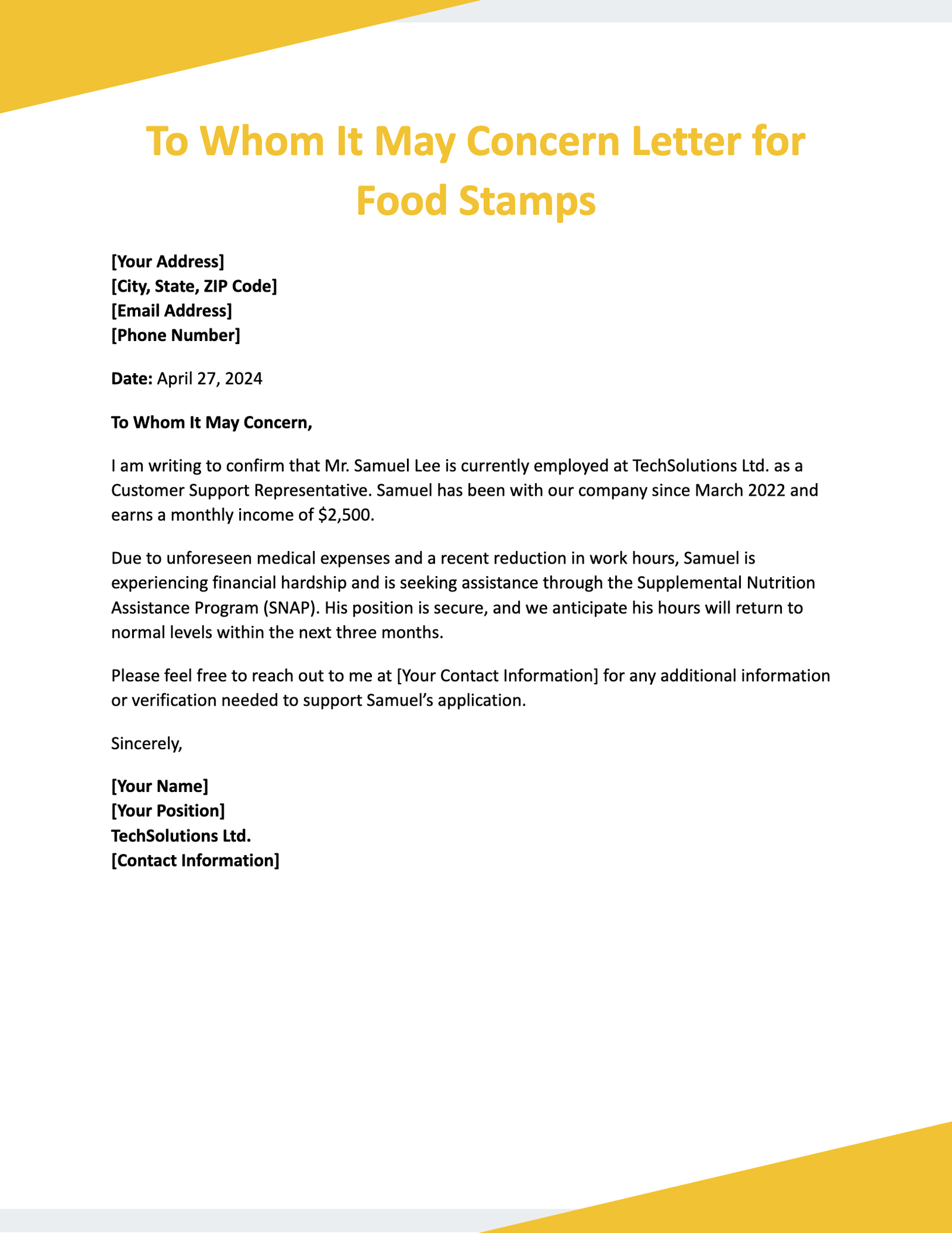 To Whom It May Concern Letter for Food Stamps To Whom It May Concern Letter for Food Stamps