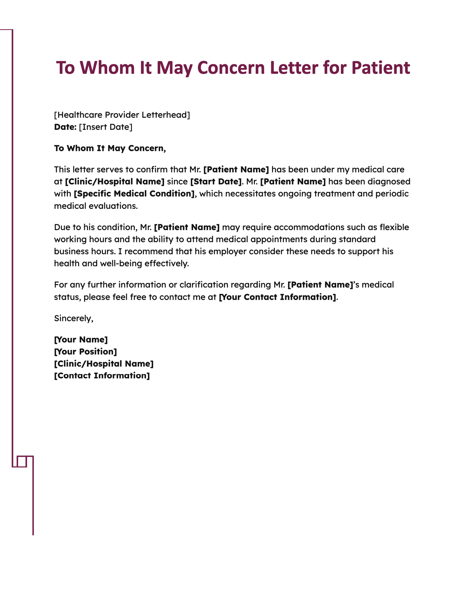 To Whom It May Concern Letter for Patient To Whom It May Concern Letter for Patient