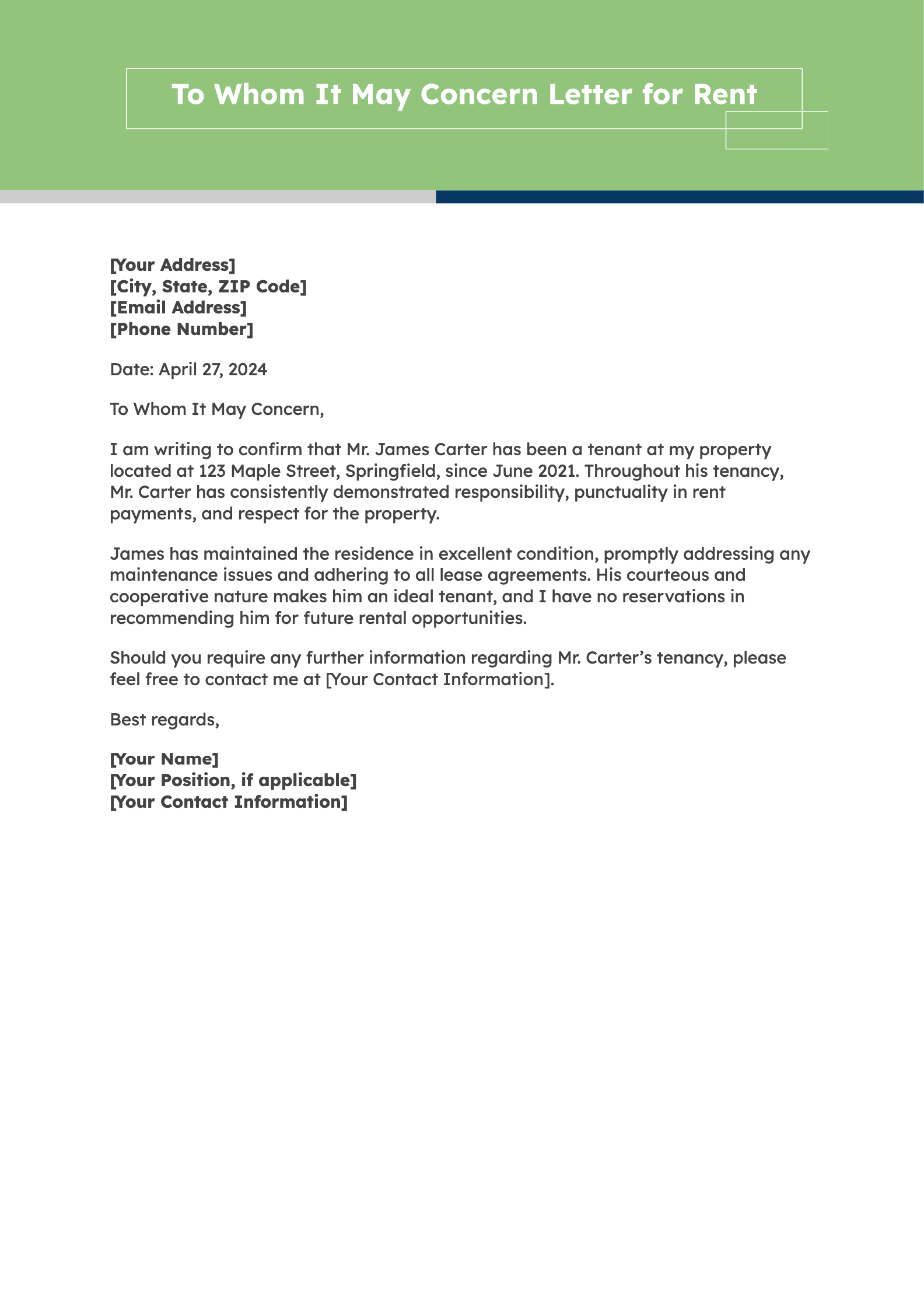 To Whom It May Concern Letter for Rent To Whom It May Concern Letter for Rent