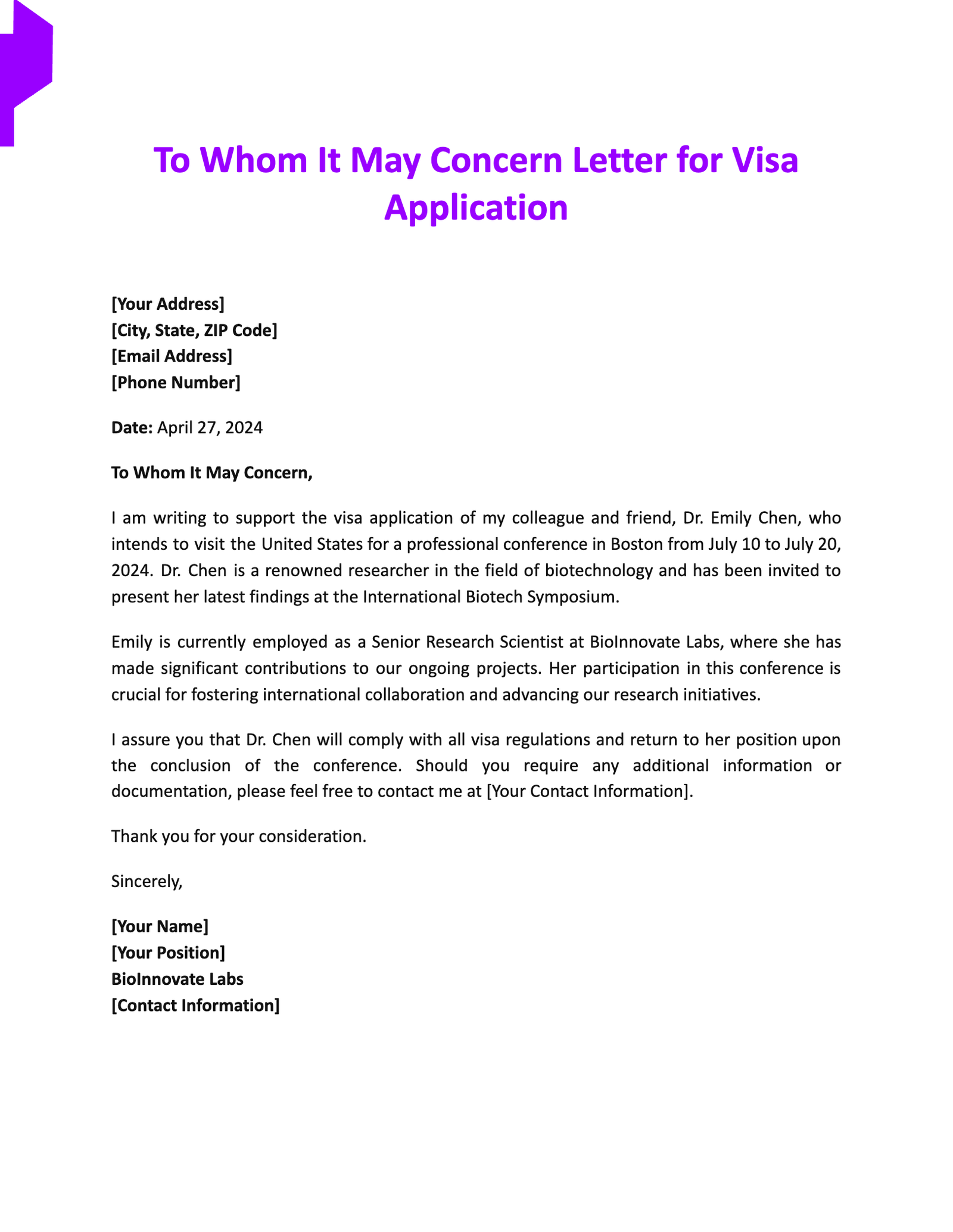 To Whom It May Concern Letter for Visa Application To Whom It May Concern Letter for Visa Application