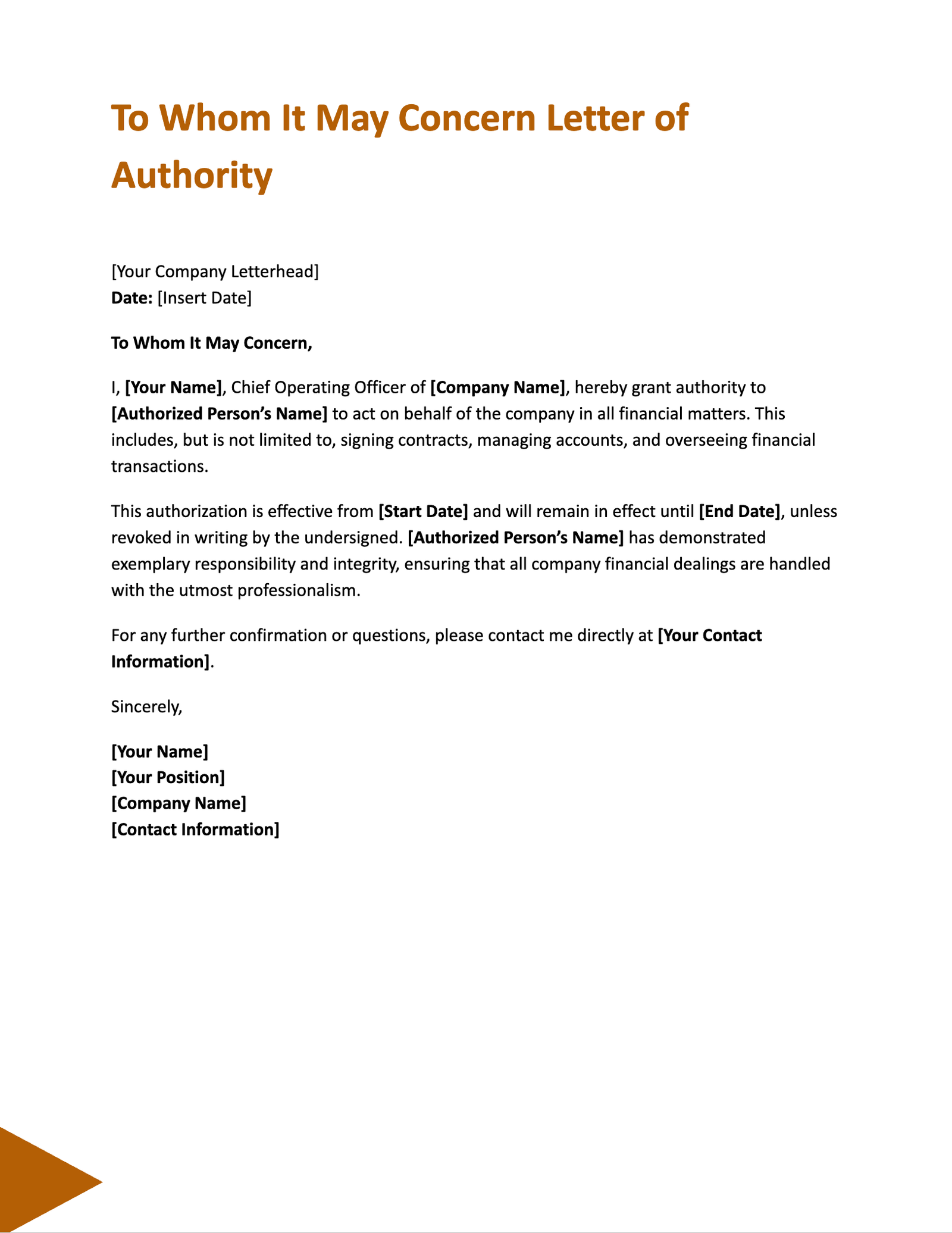 To Whom It May Concern Letter of Authority To Whom It May Concern Letter of Authority