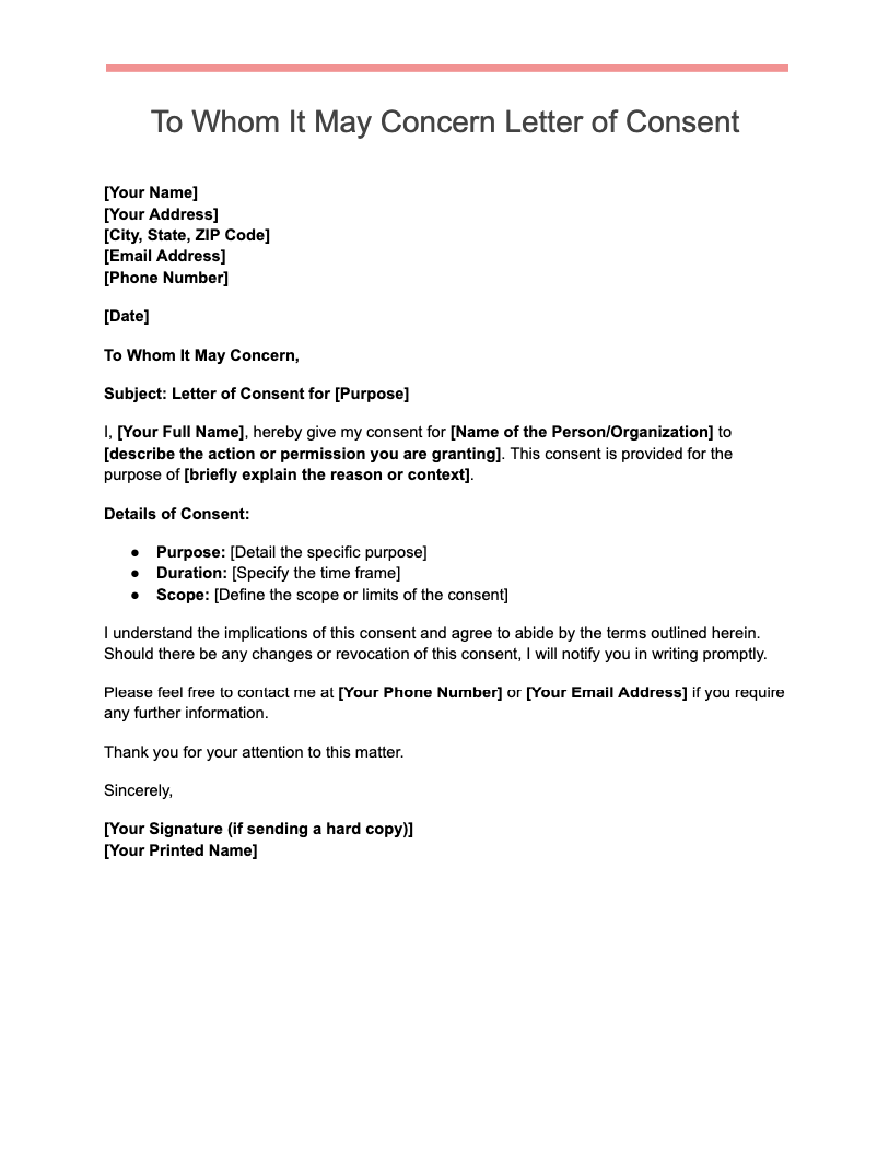 To Whom It May Concern Letter of Consent