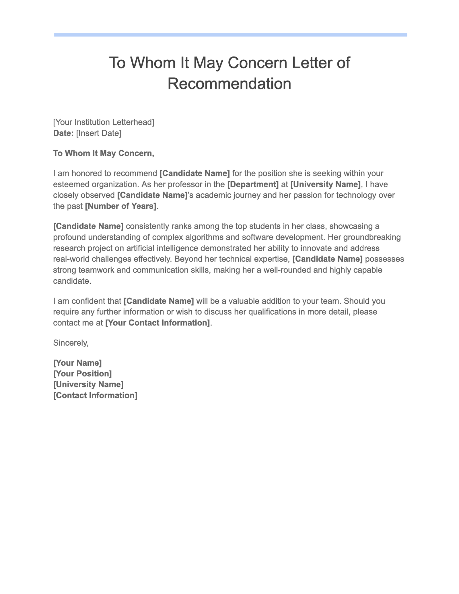 To Whom It May Concern Letter of Recommendation To Whom It May Concern Letter of Recommendation