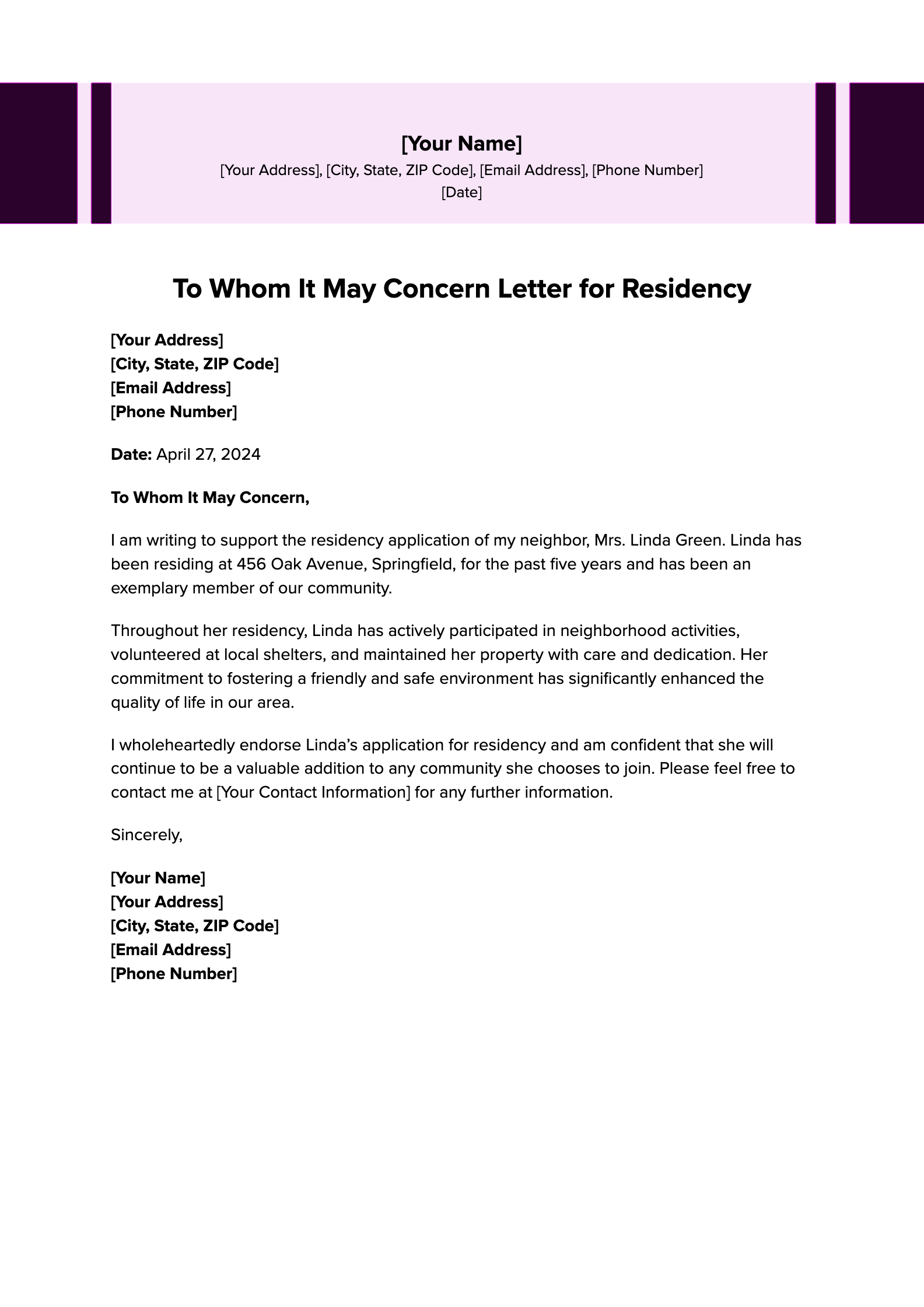 To Whom It May Concern Letter for Residency To Whom It May Concern Letter for Residency