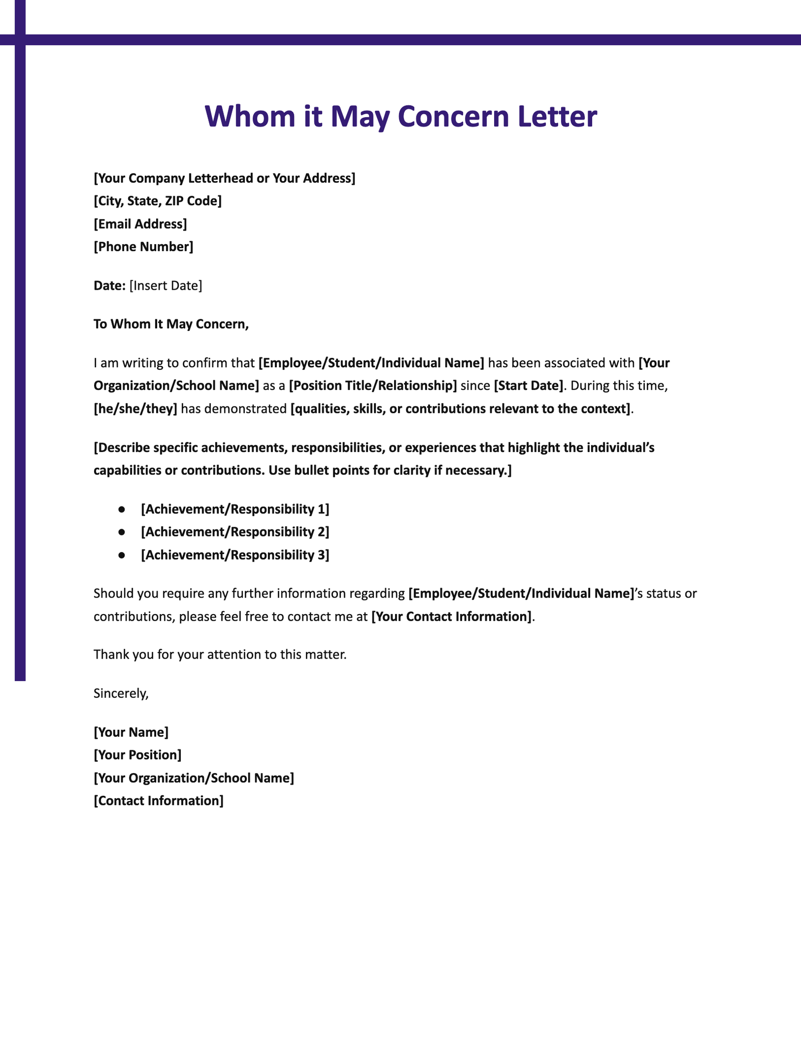 To Whom it May Concern Letter To Whom it May Concern Letter