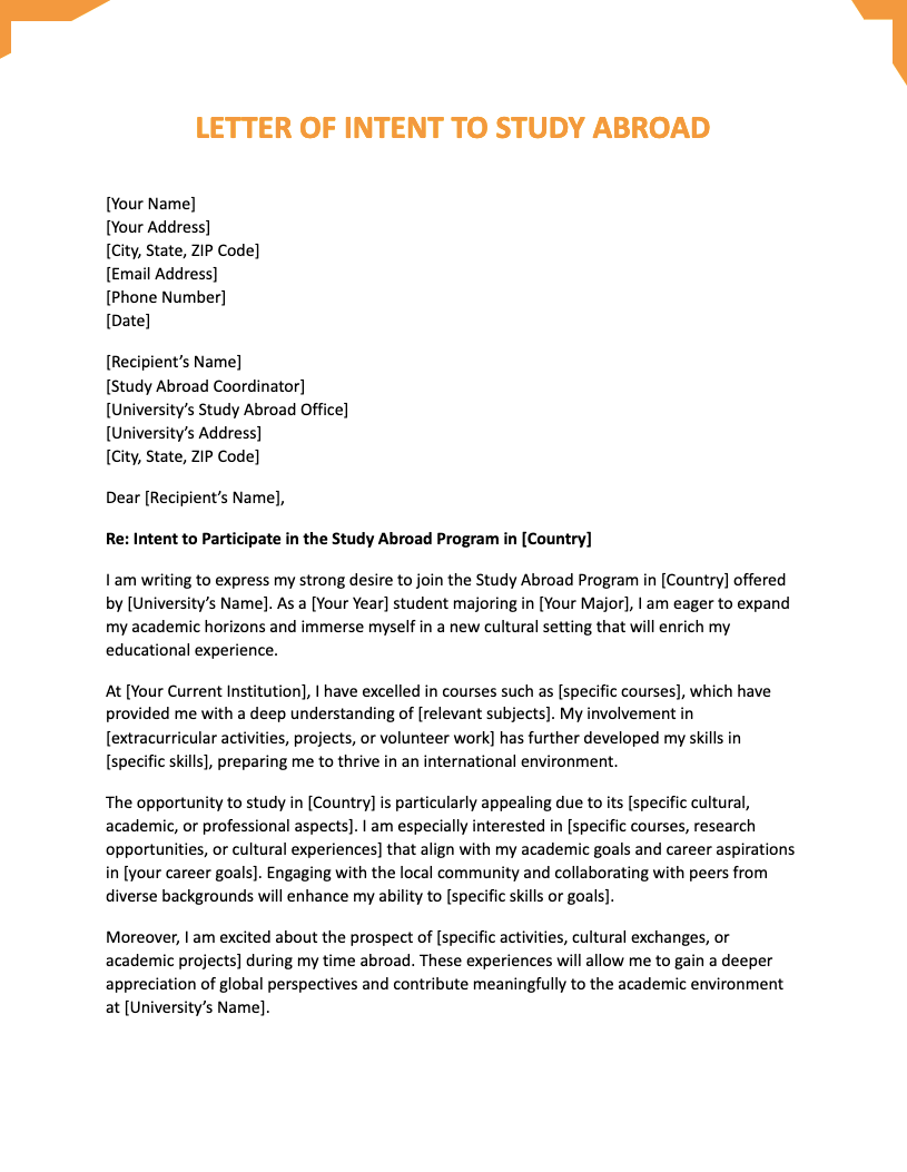 Letter of Intent to study abroad Letter of Intent to study abroad