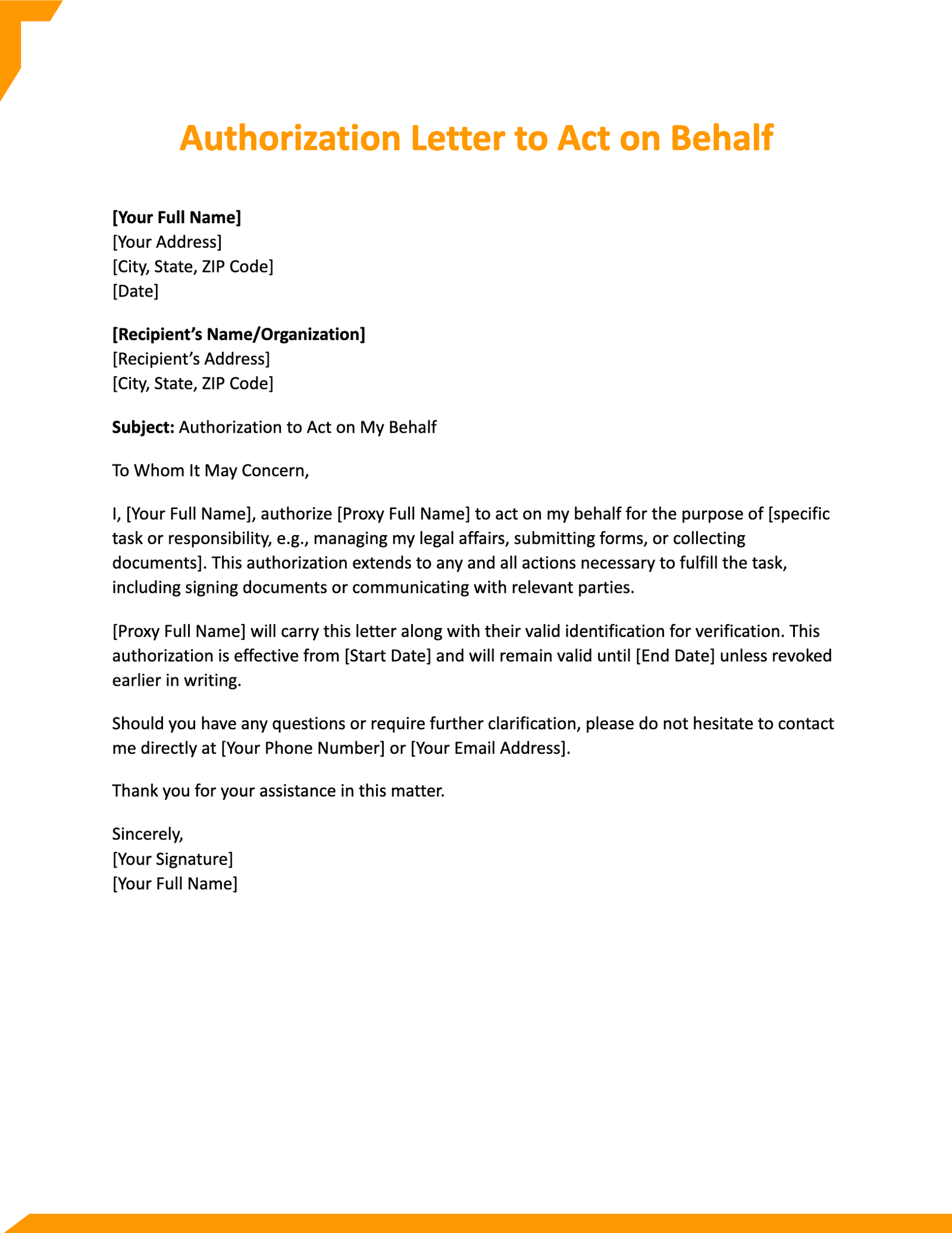 Authorization Letter to Act on Behalf
