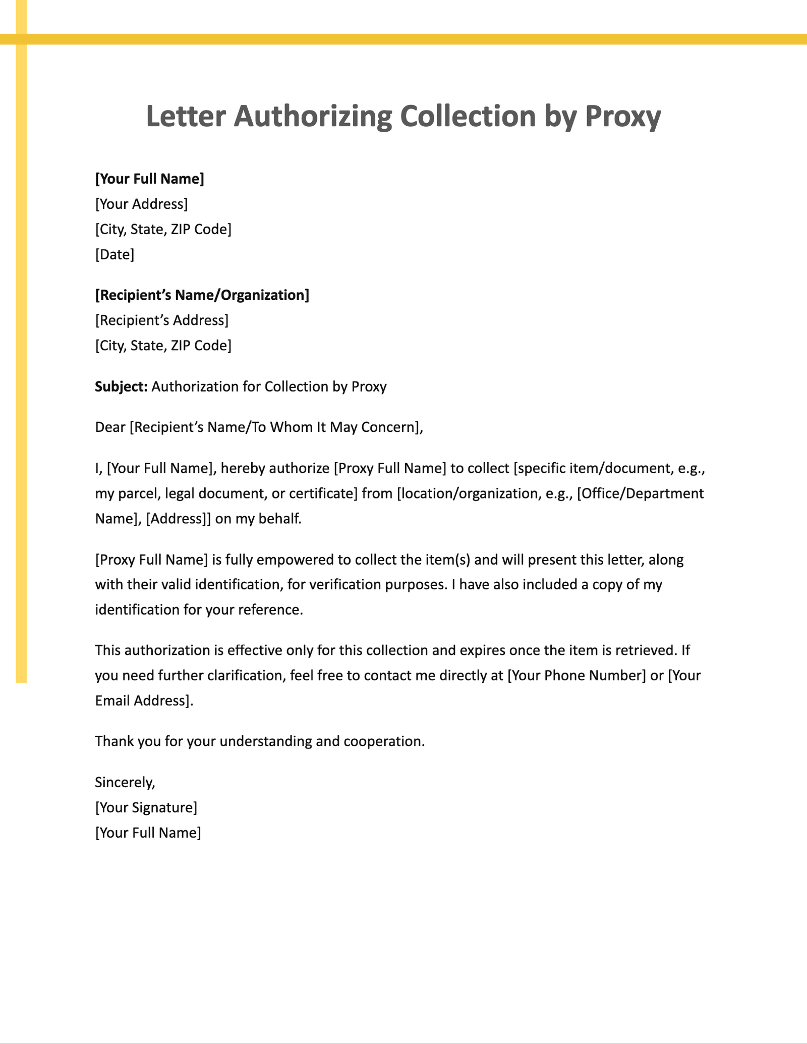 Letter Authorizing Collection by Proxy