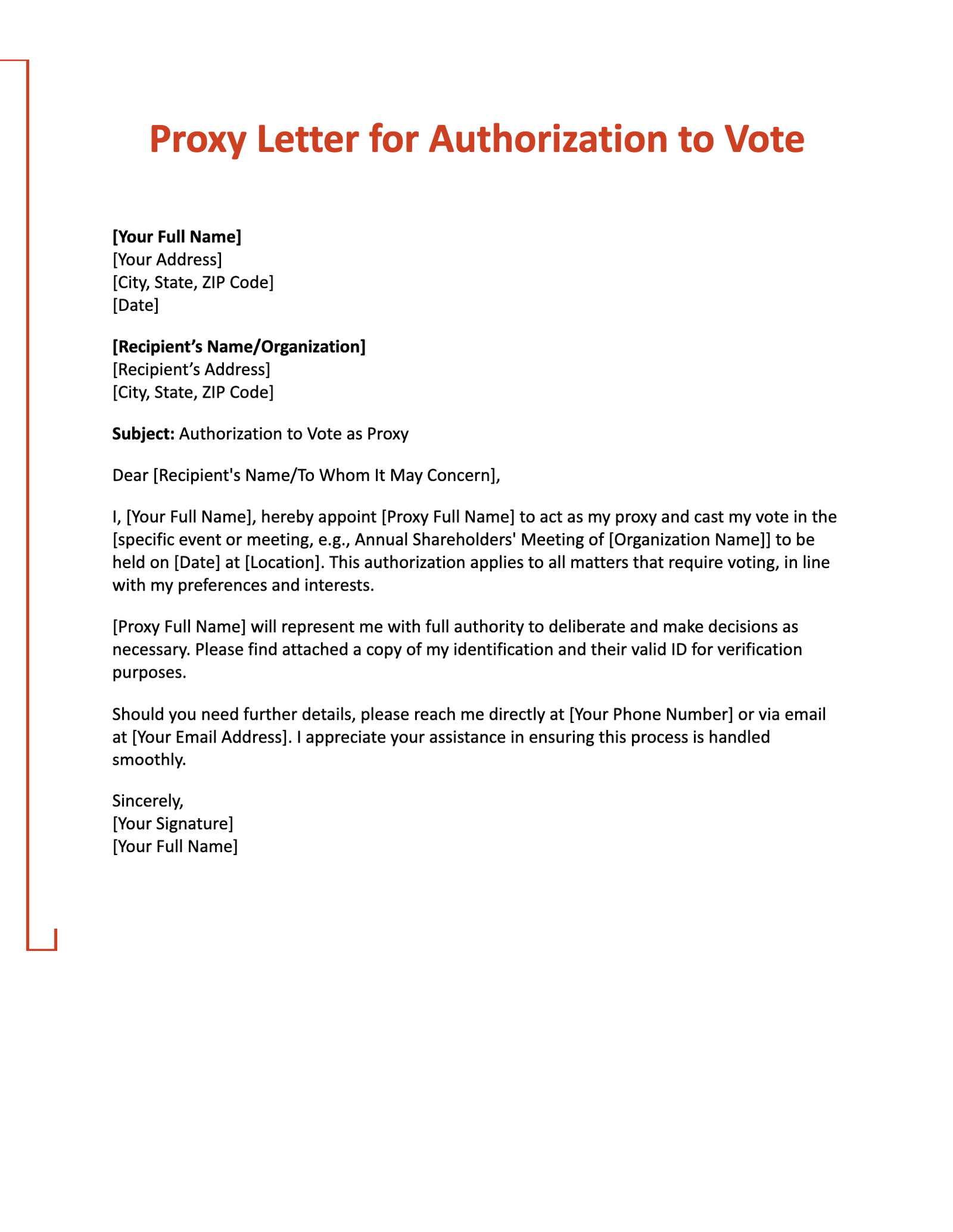 Proxy Letter for Authorization to Vote