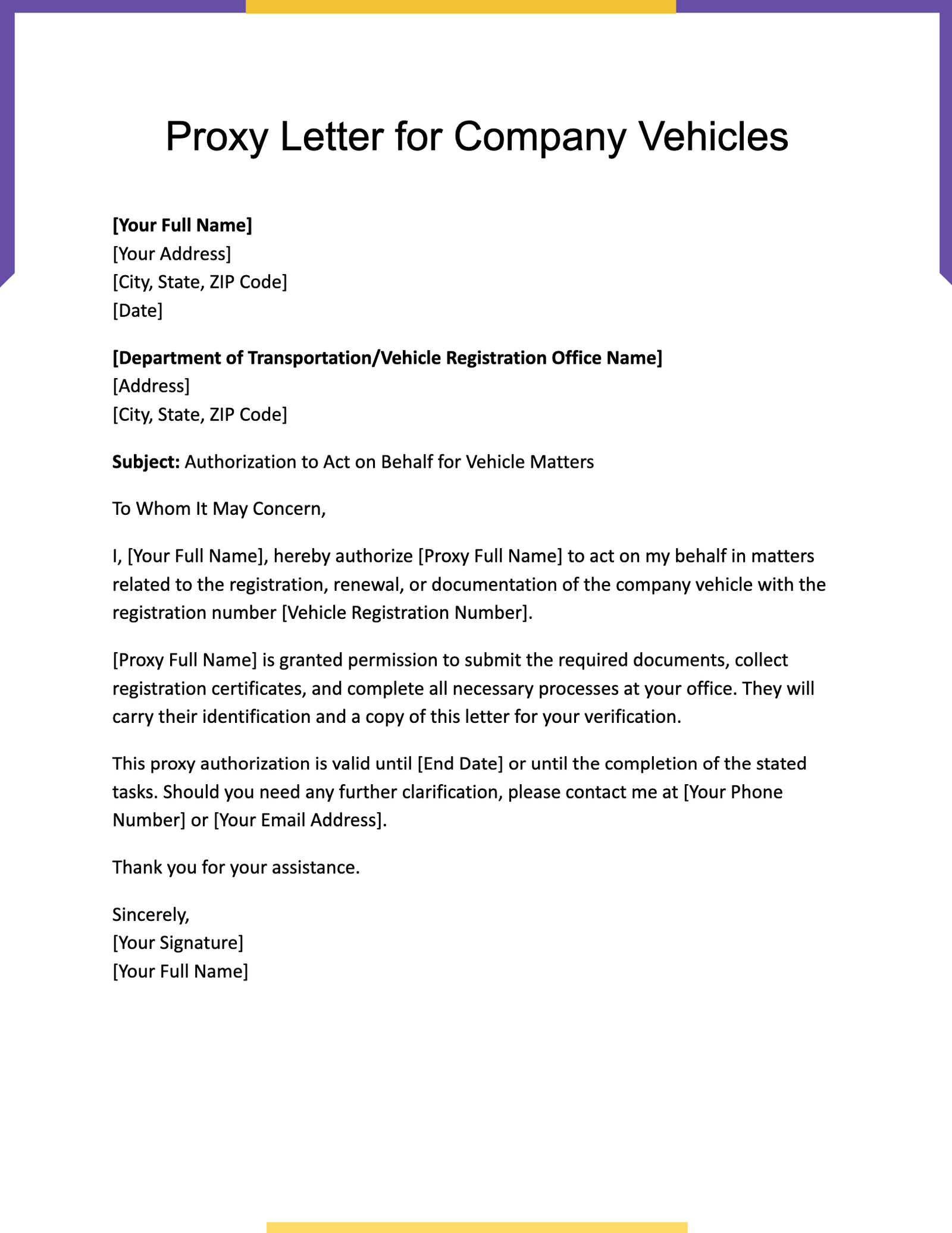 Proxy Letter for Company Vehicles