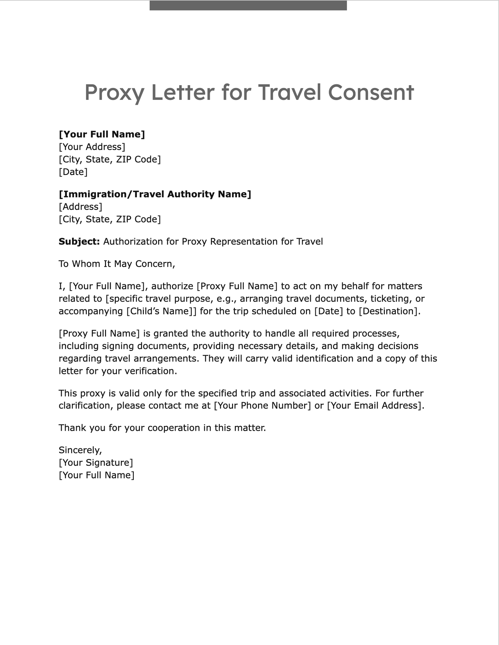 Proxy Letter for Travel Consent
