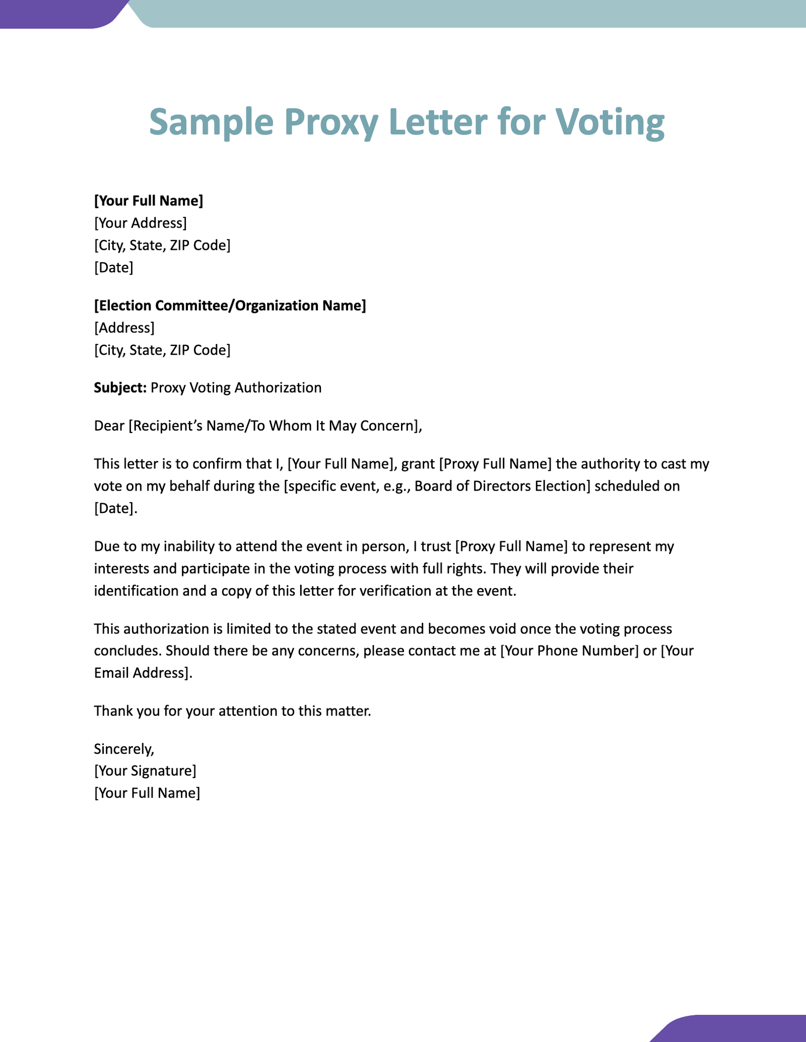 Sample Proxy Letter for Voting