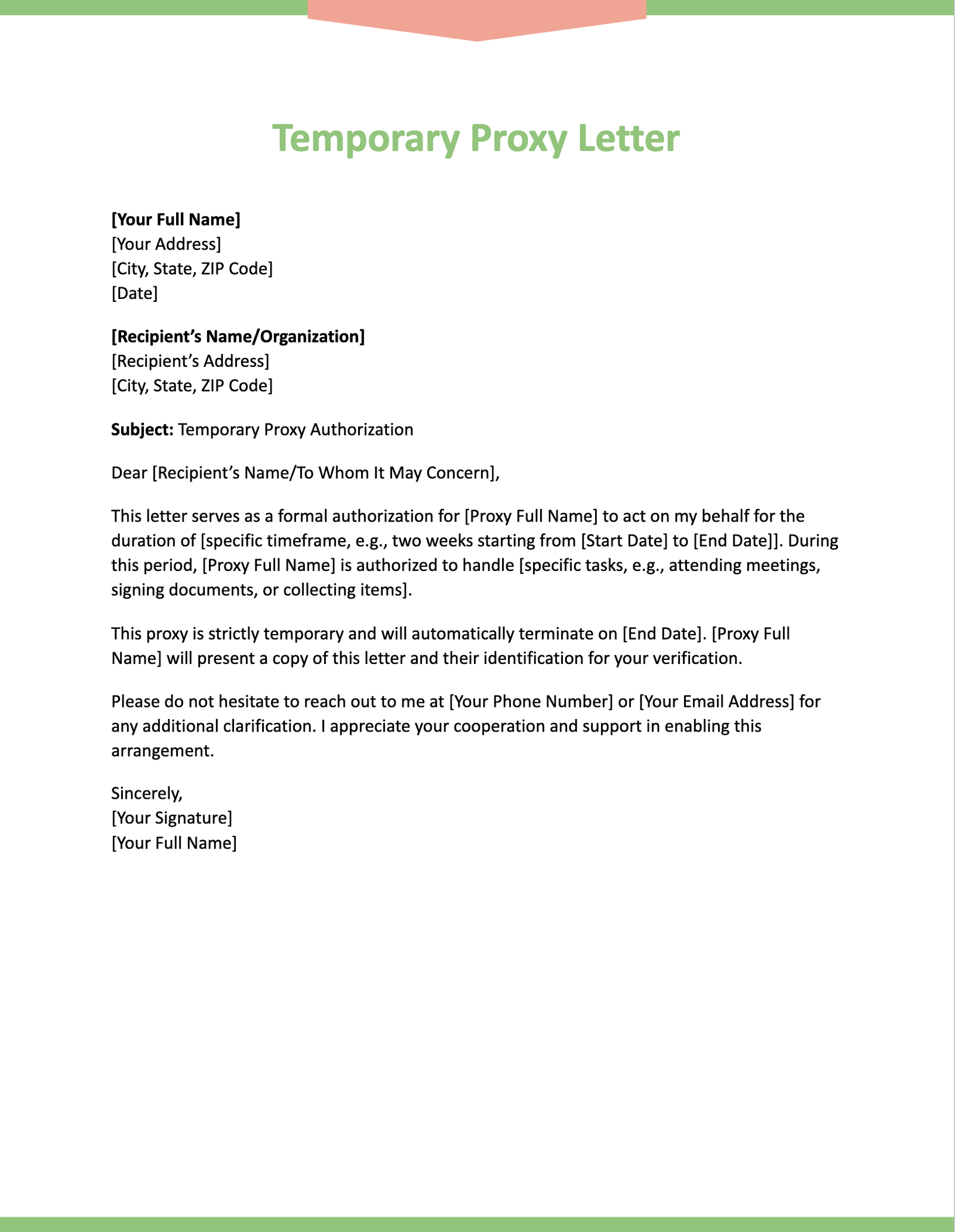 Temporary Proxy Letter